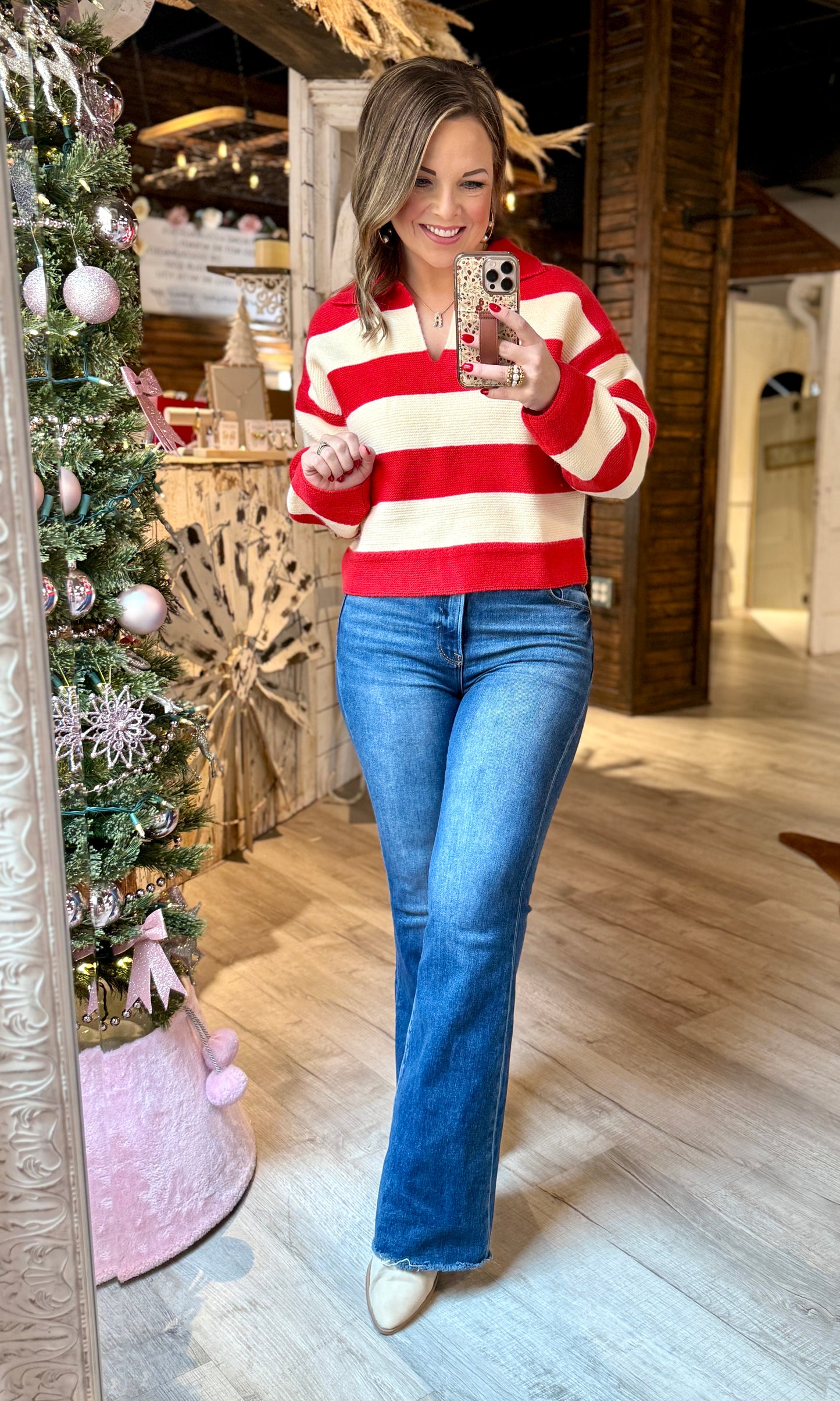 Red/Ivory Collared Striped Sweater