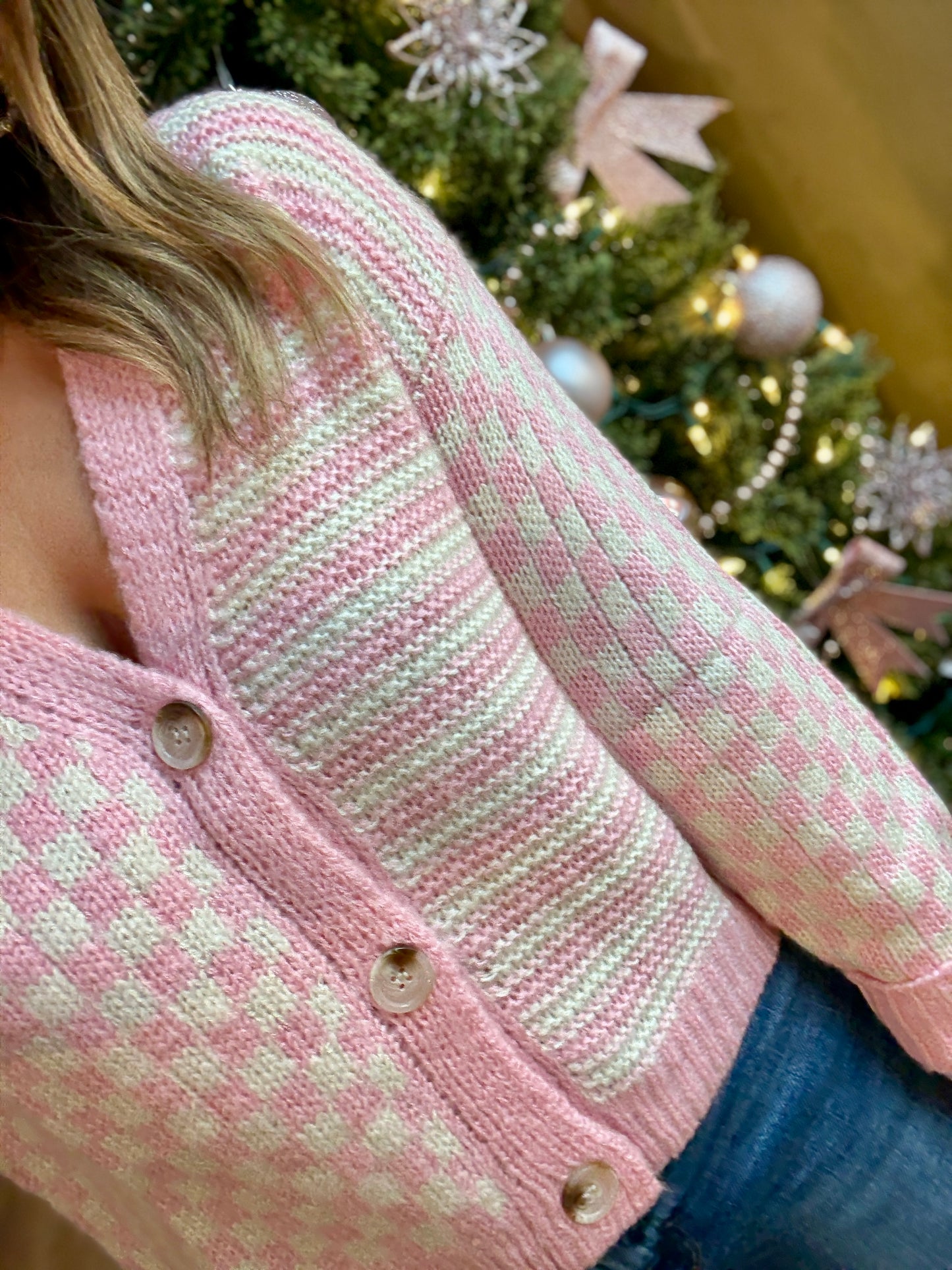 Pink Cream Checkered Cardigan