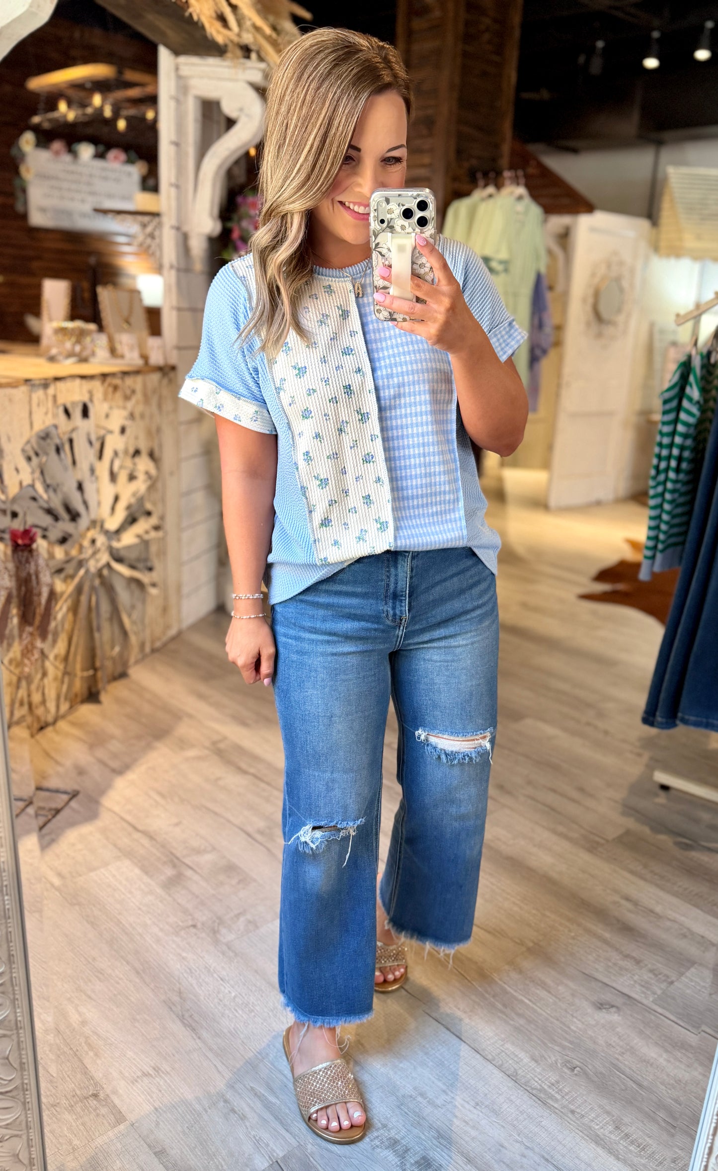Blue Gingham Blossoms Ribbed Top