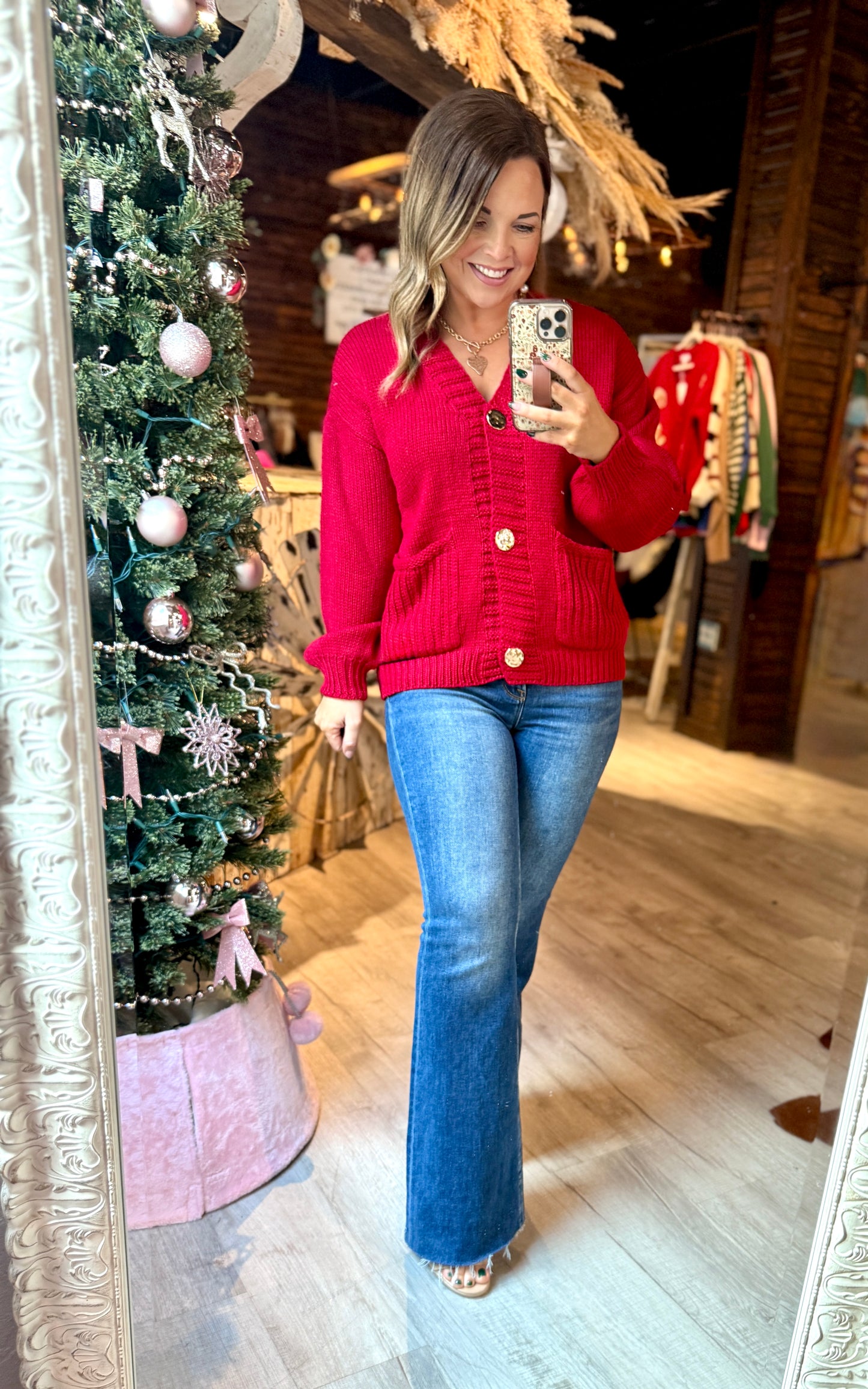 Red Cardigan with Gold Buttons