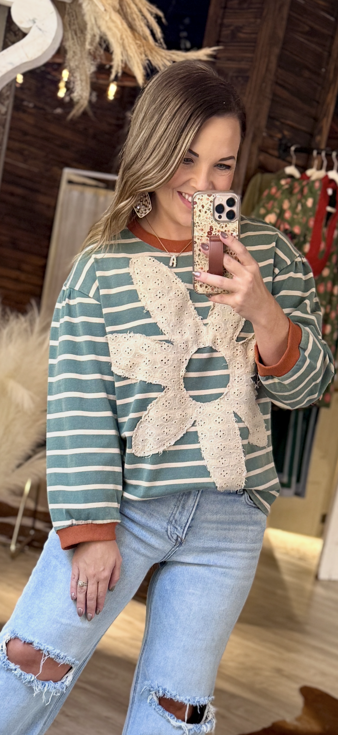 Teal/Rust Floral Striped Top