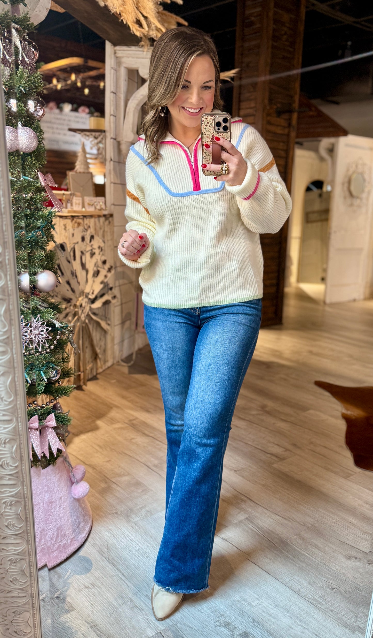 Ivory Multi Color Zip-Up Sweater
