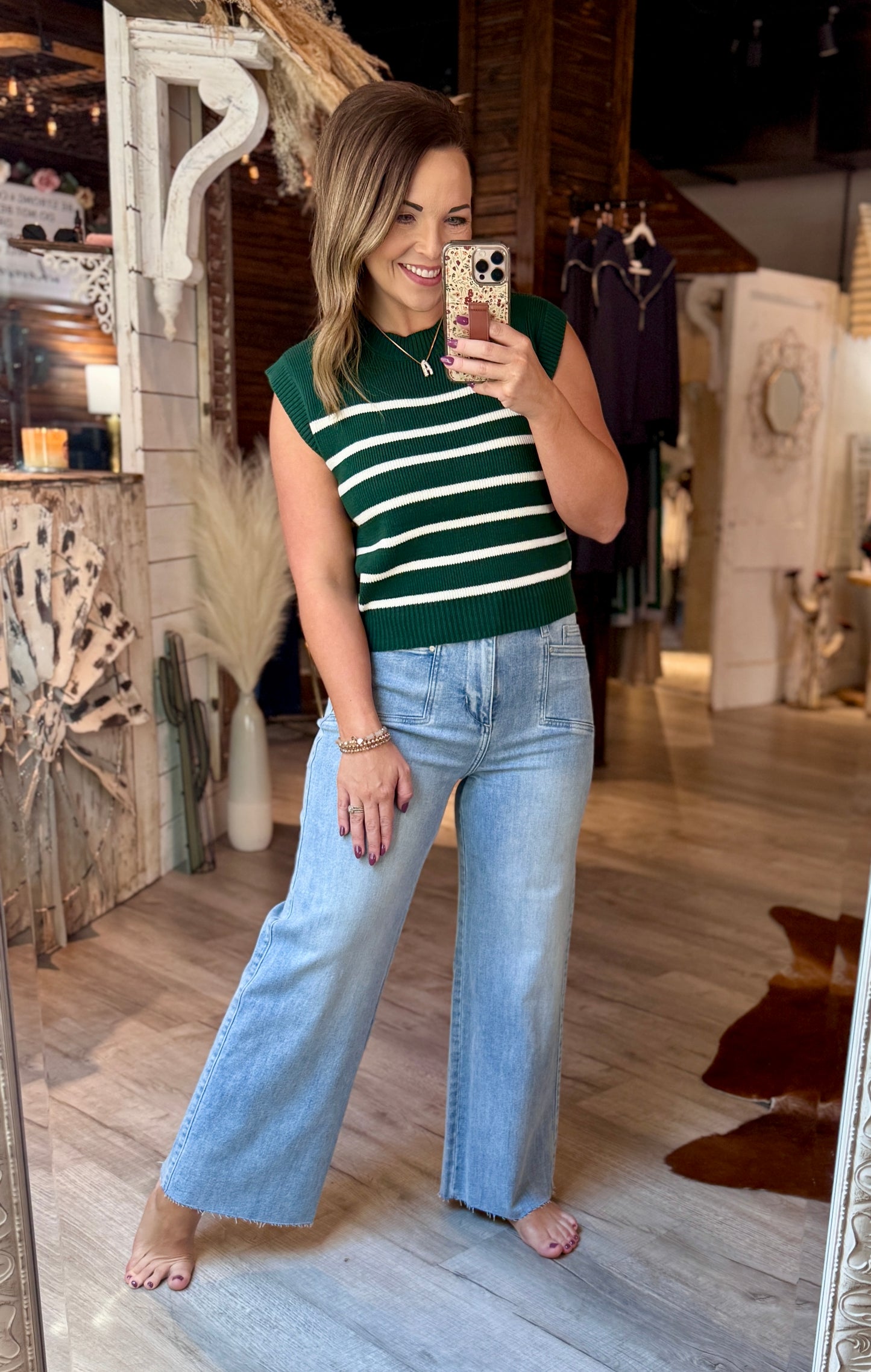 Green White Striped Sweater