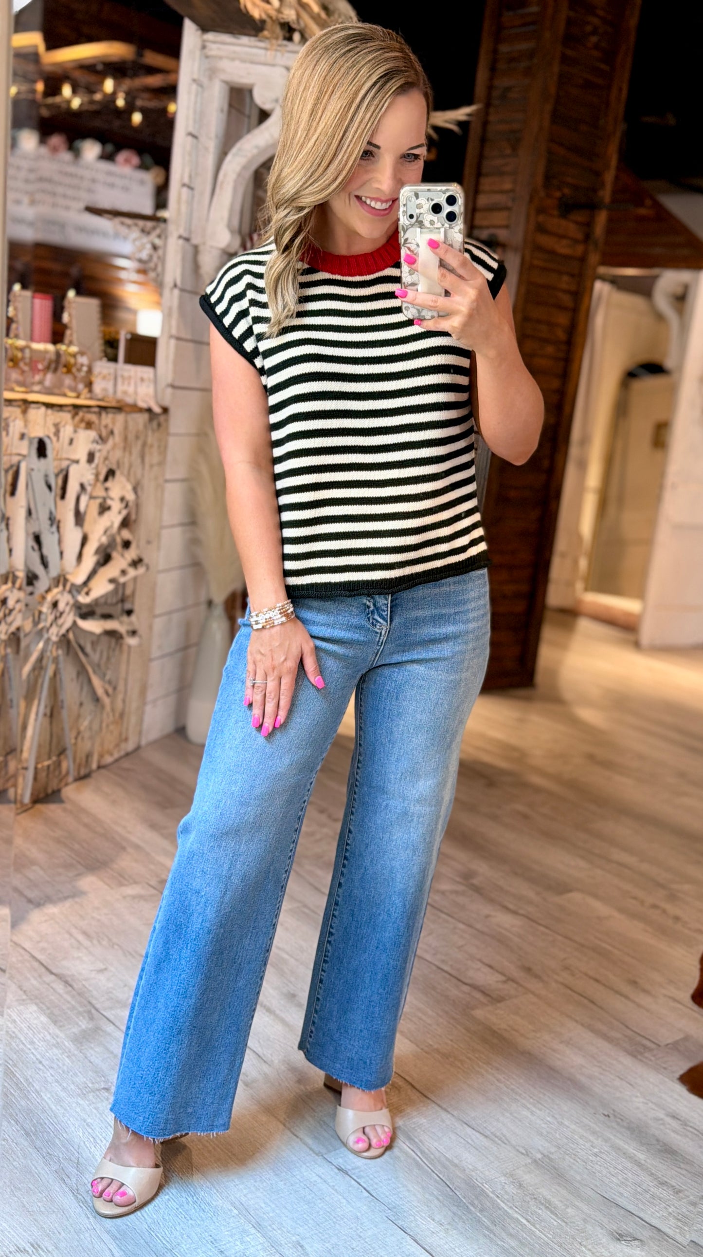 Black/Red/Cream Striped Knit Top