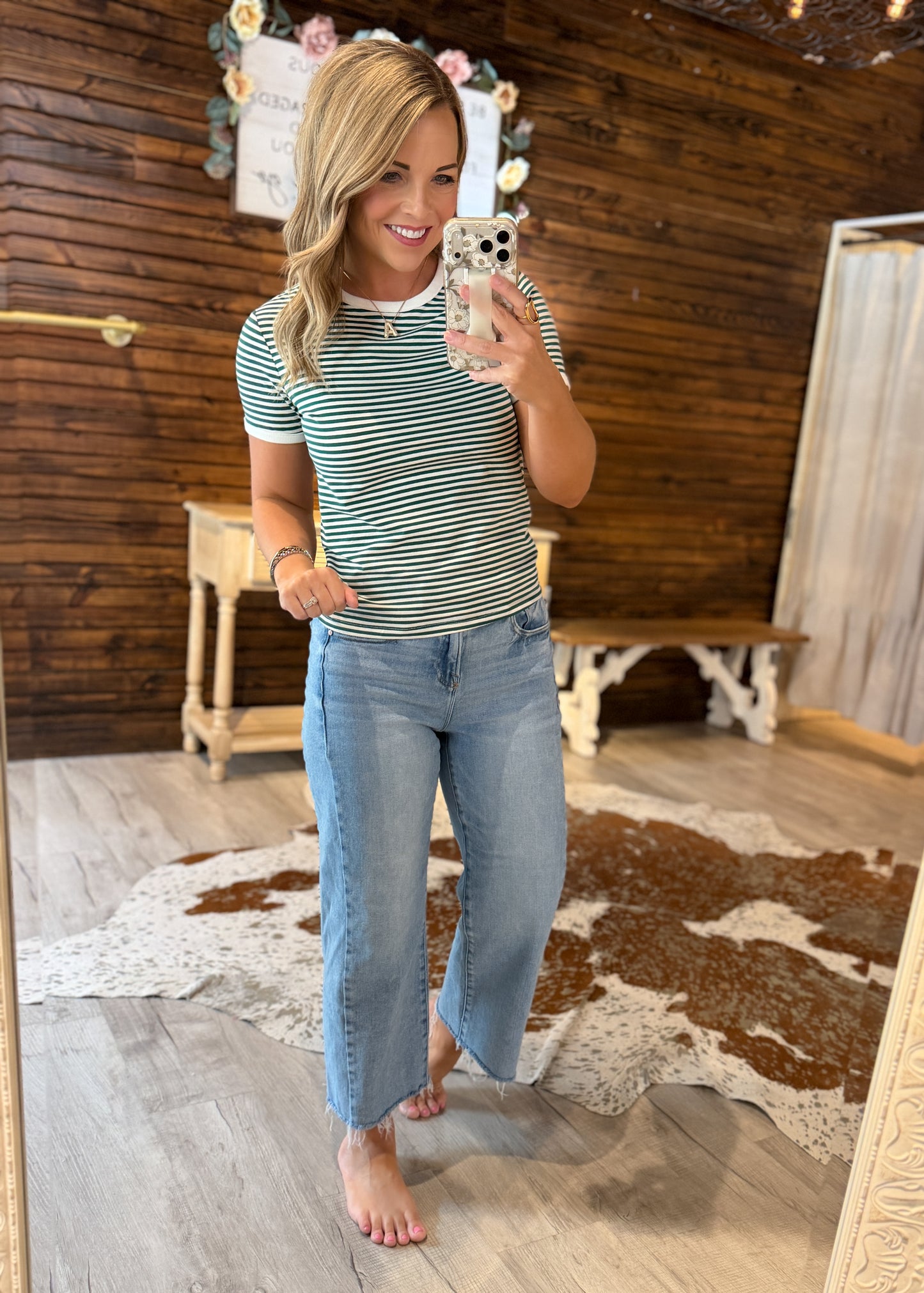 Hunter Green Striped Basic Tee