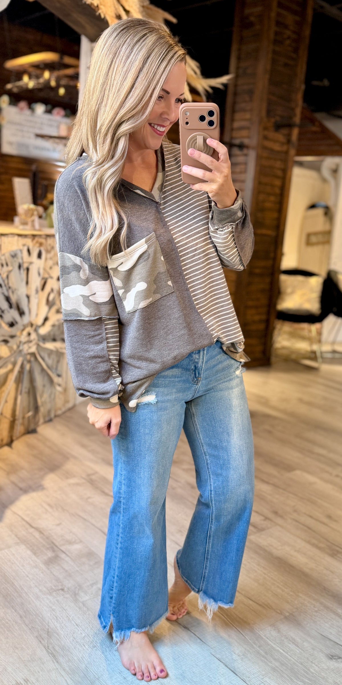 Grey Striped Camo Pattern Top