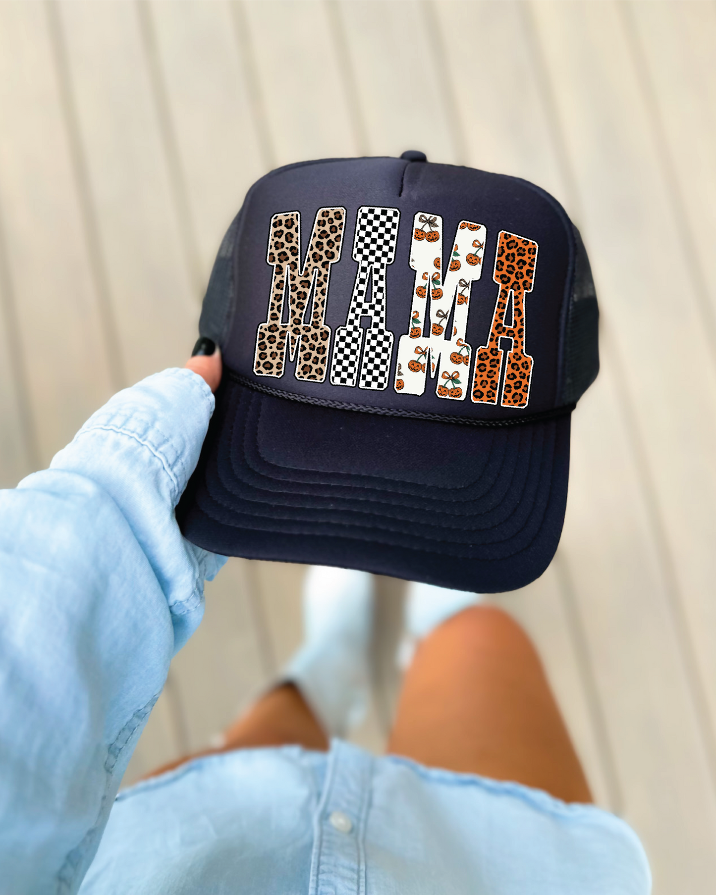 Fall Mama Pattern Letters DTF Printed Black Trucker Hat