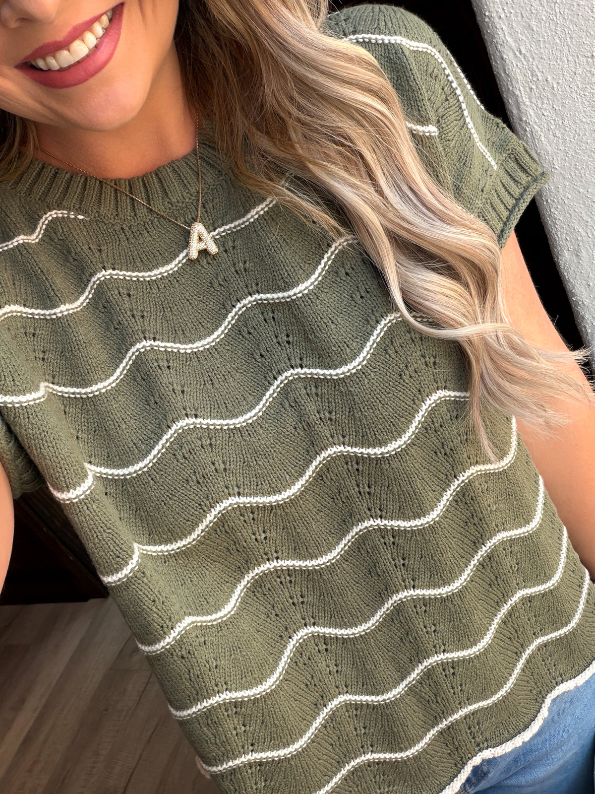 Olive Scallop Stripe Knit Top
