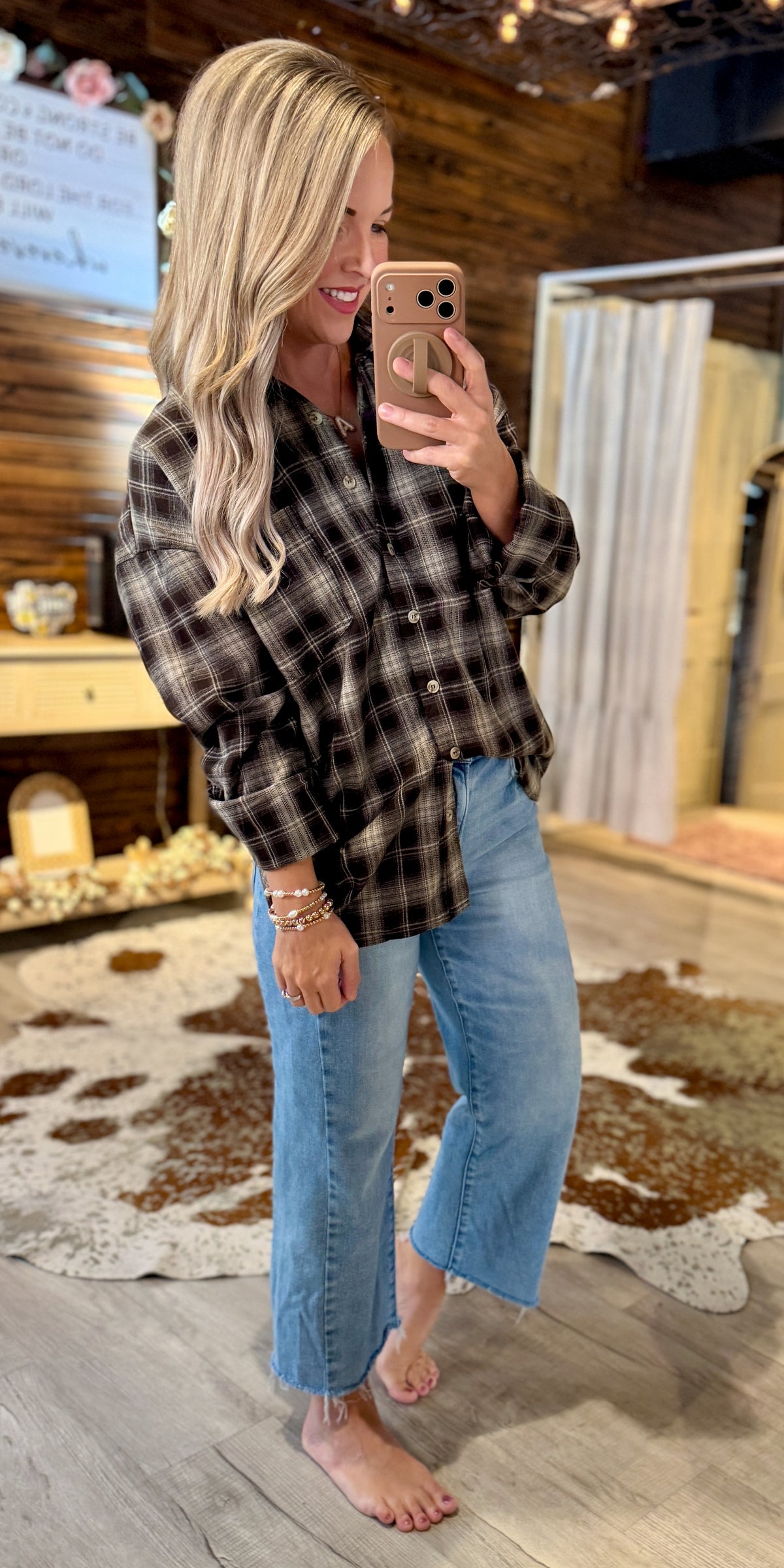 Brown Plaid Button Up Top