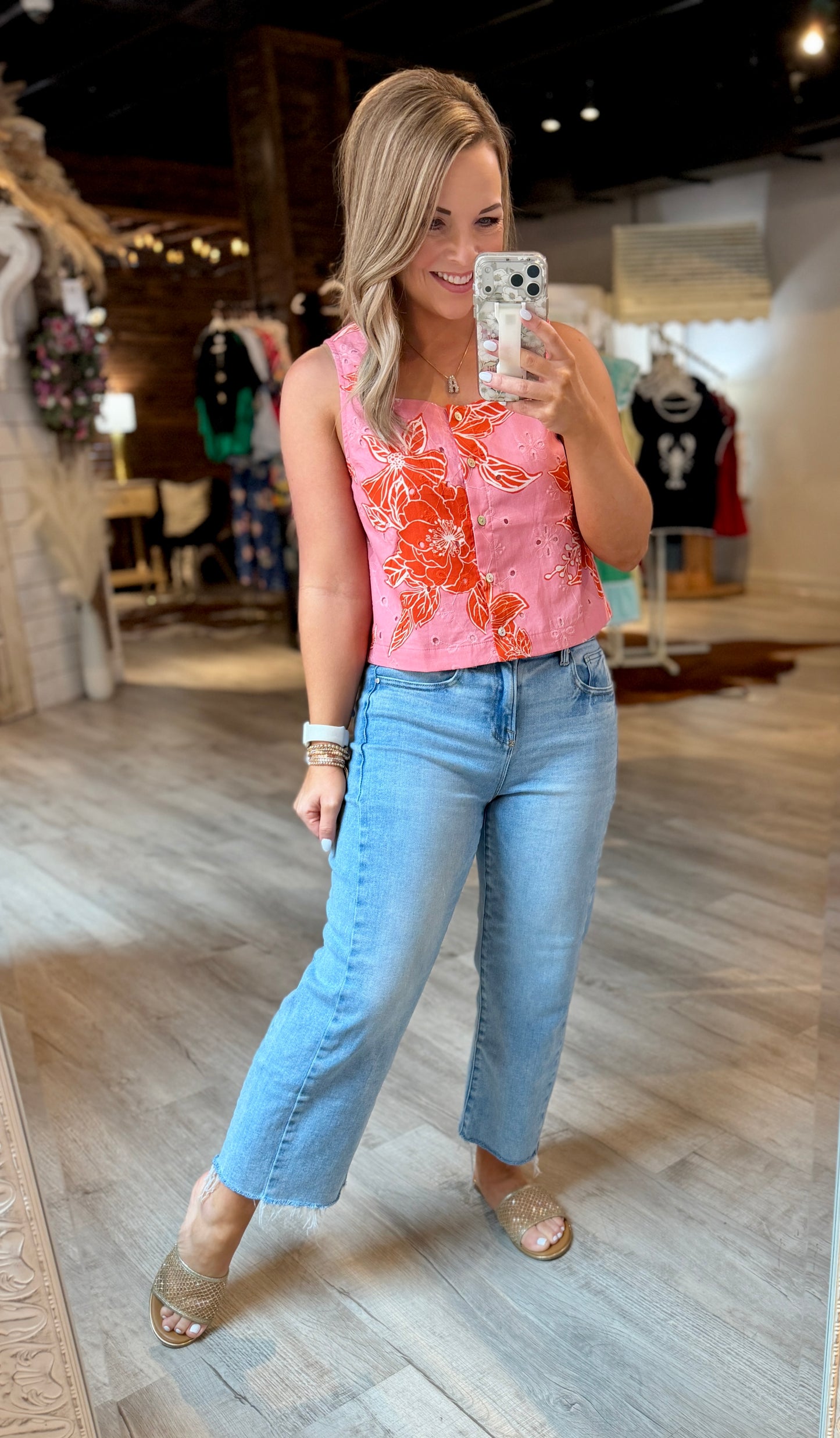Pink Floral Eyelet Dressy Tank
