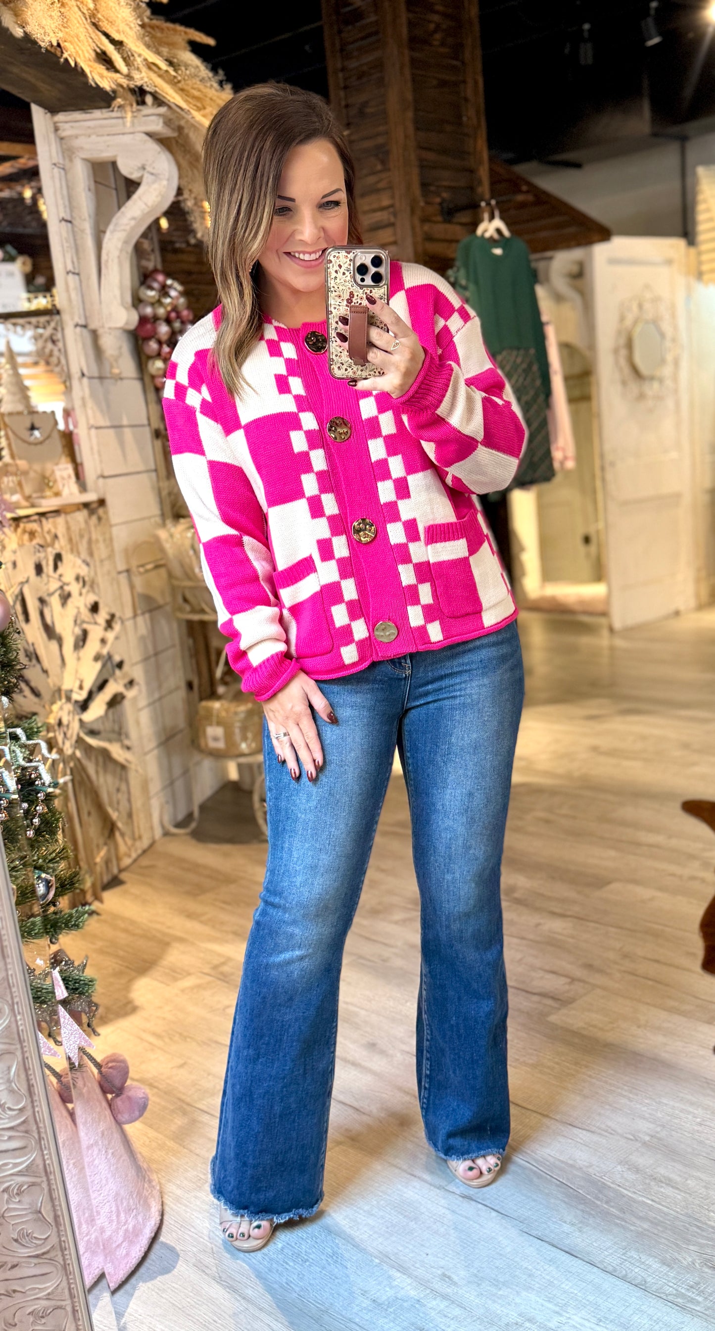 Hot Pink Checkered Cardigan