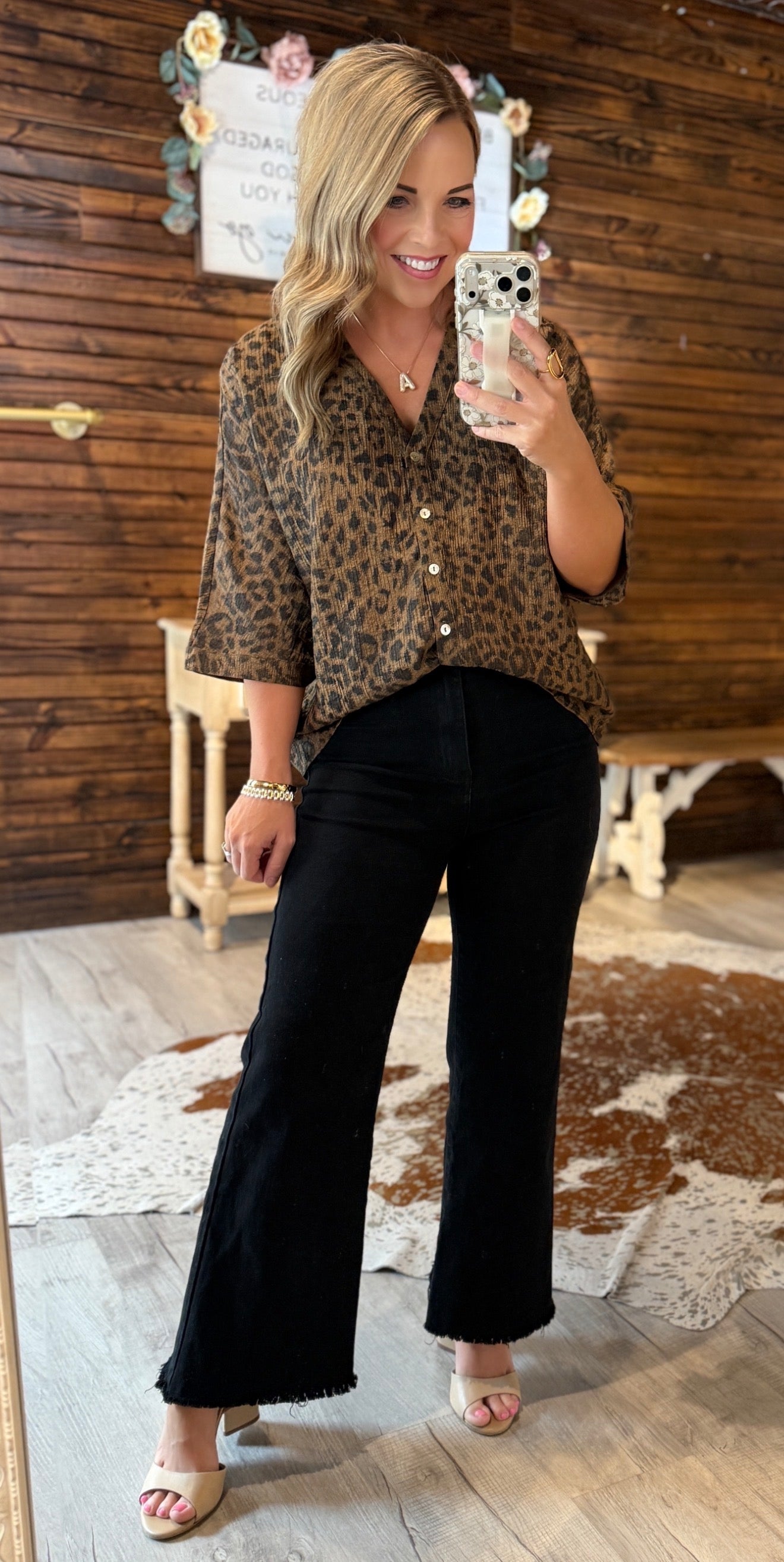 Chocolate Leopard Button Top