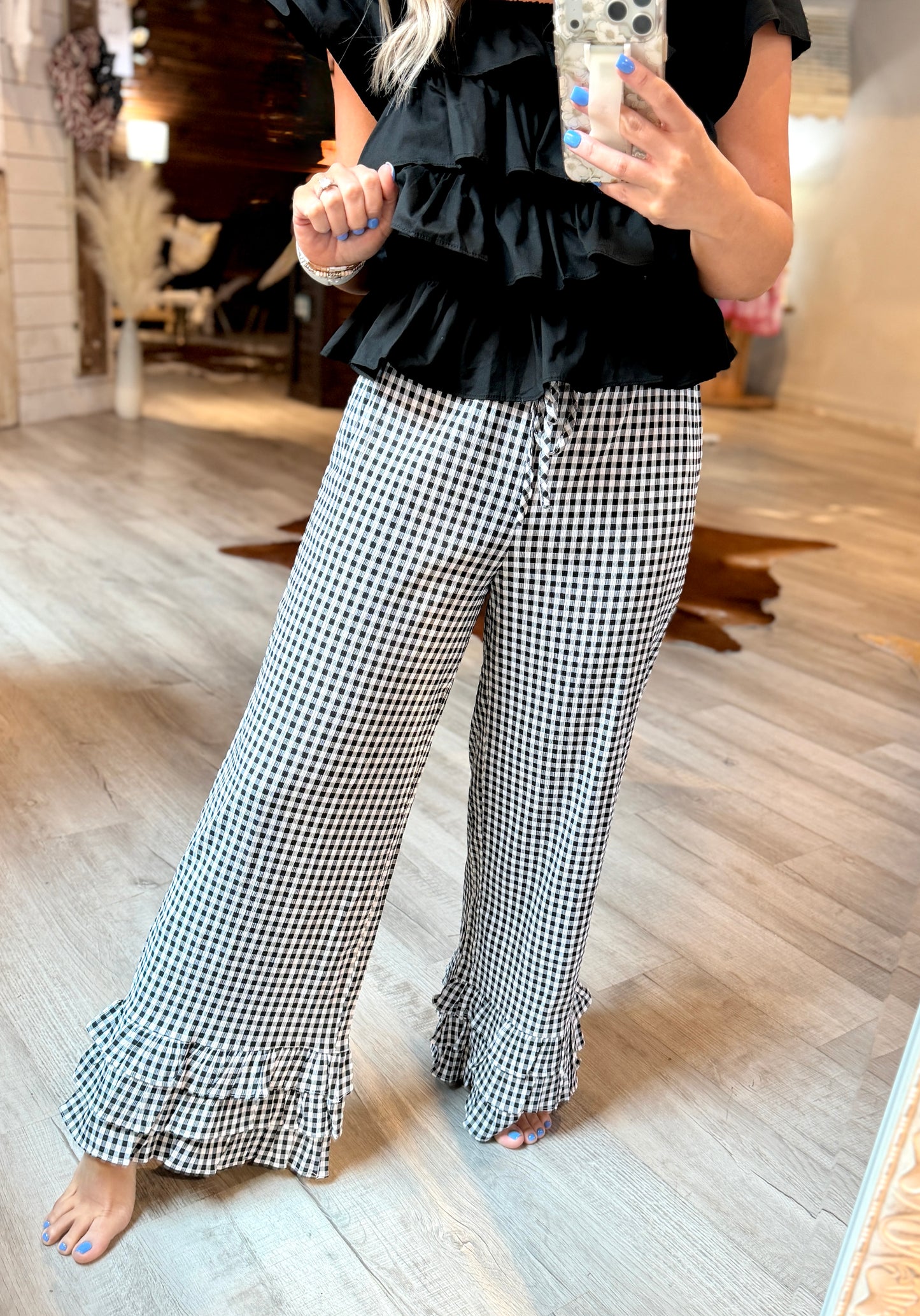Black Gingham Ruffle Pants