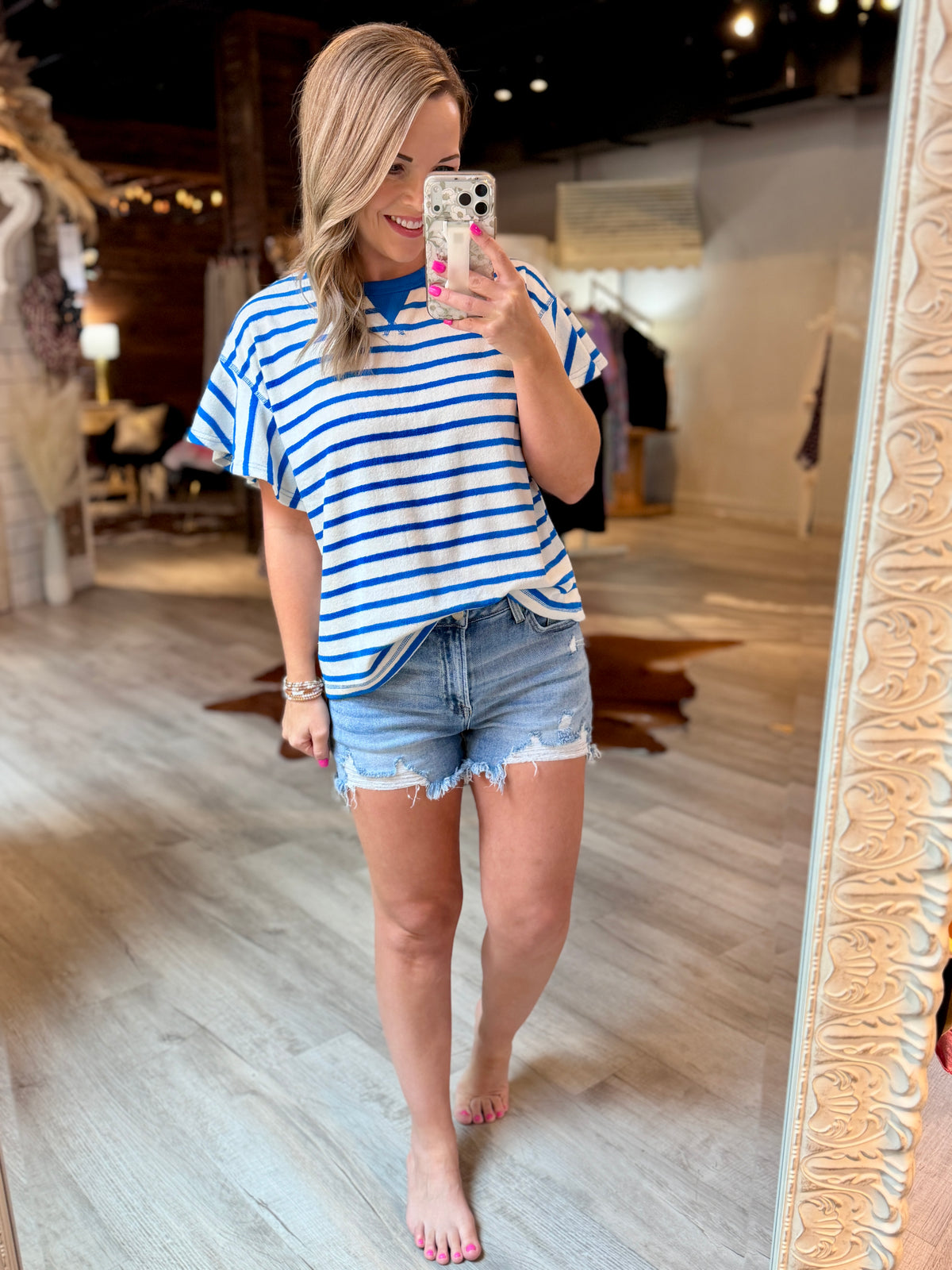 White/Blue Striped Ruffle Sleeve Top