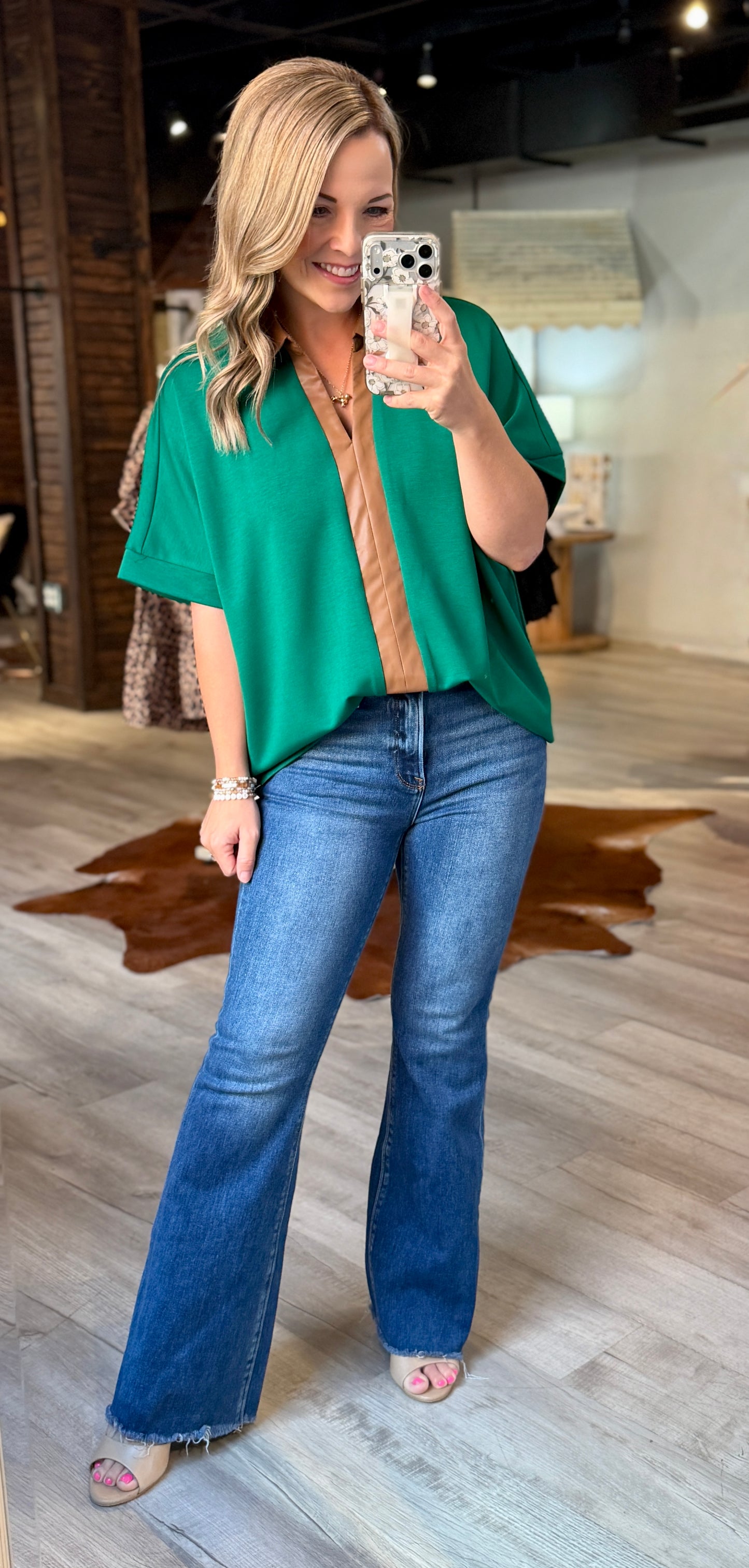 Green Brown Leather Detail Top