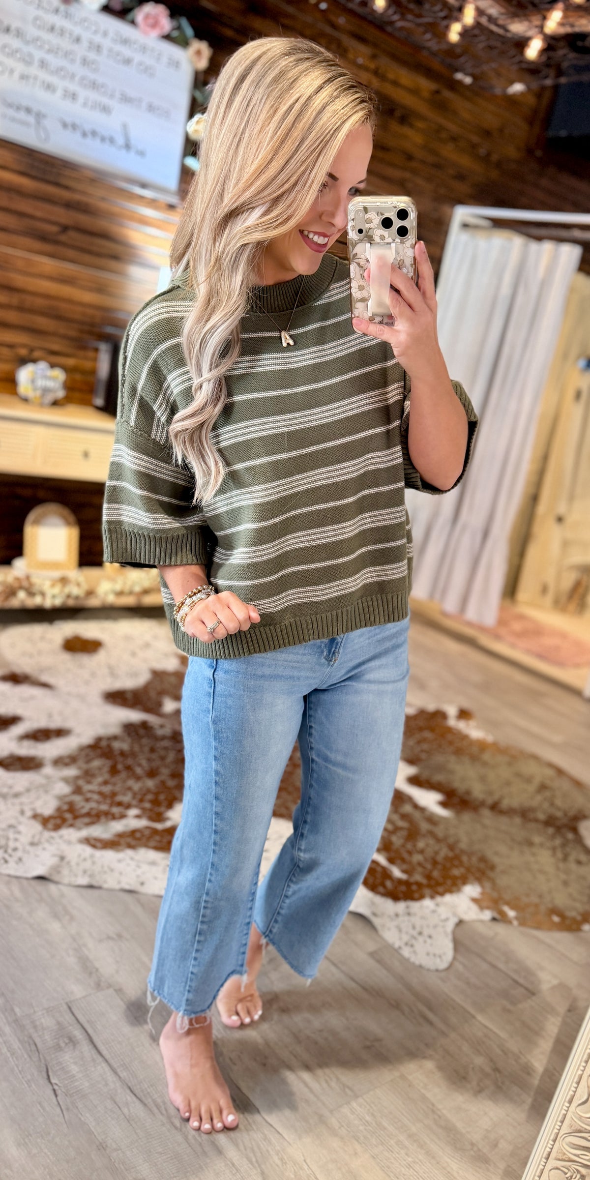 Olive Striped Knit Sweater Top