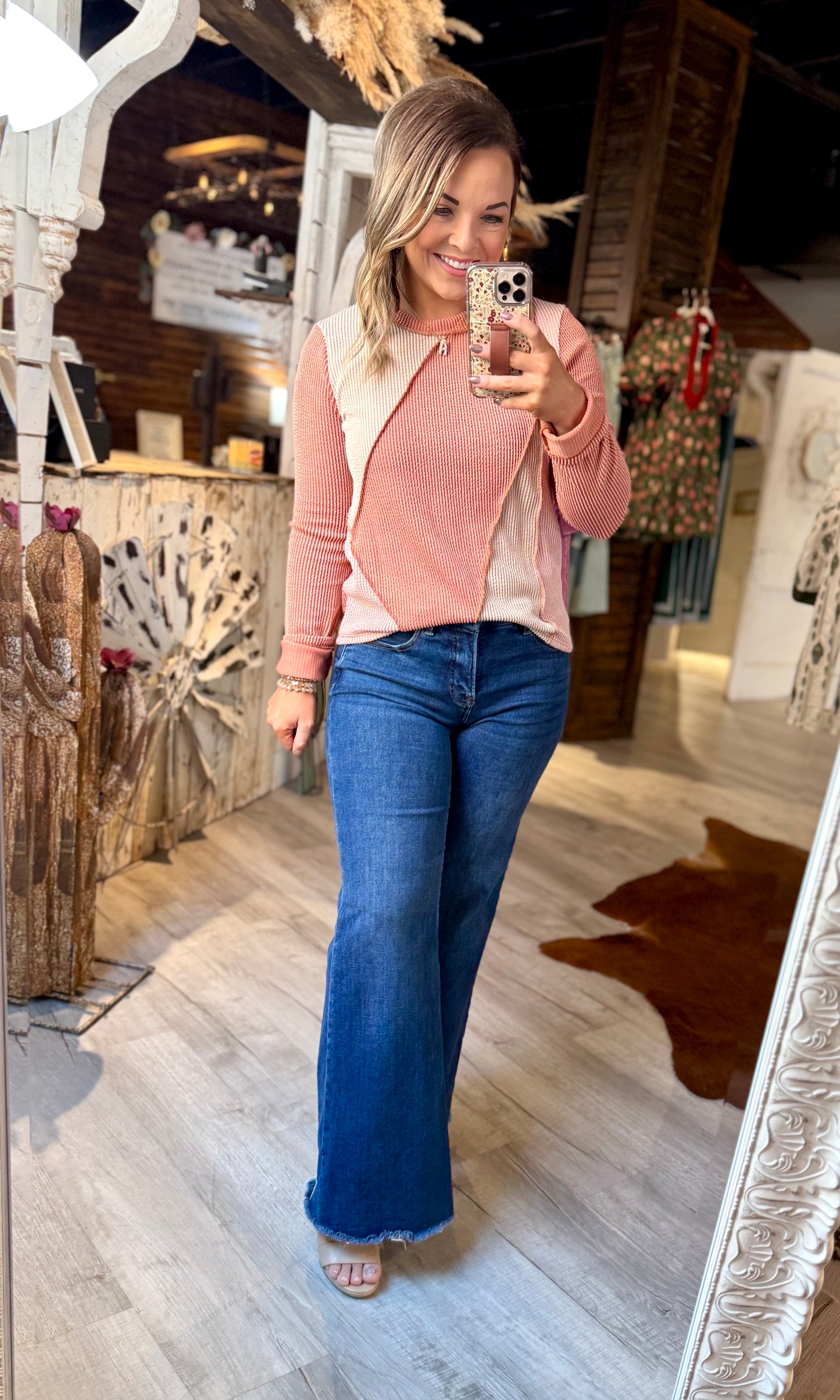 Rust Color Block Ribbed Top