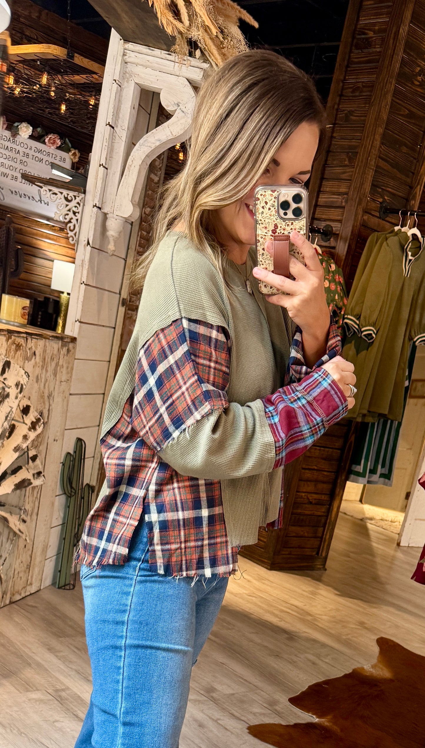 Olive Plaid Patchwork Top