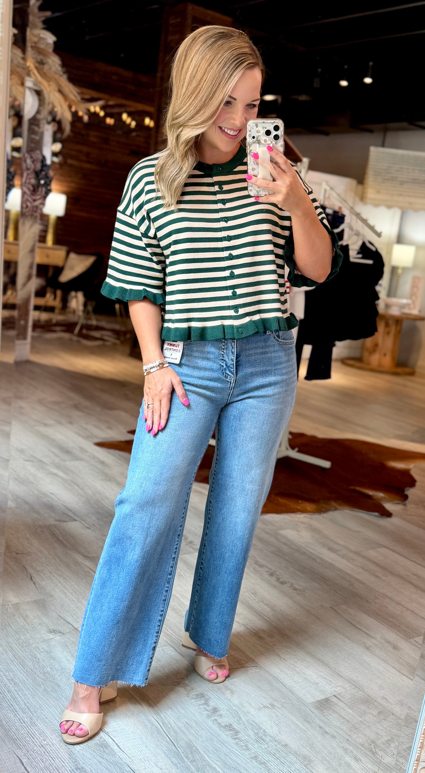 Green/Ivory Striped Ruffle Top