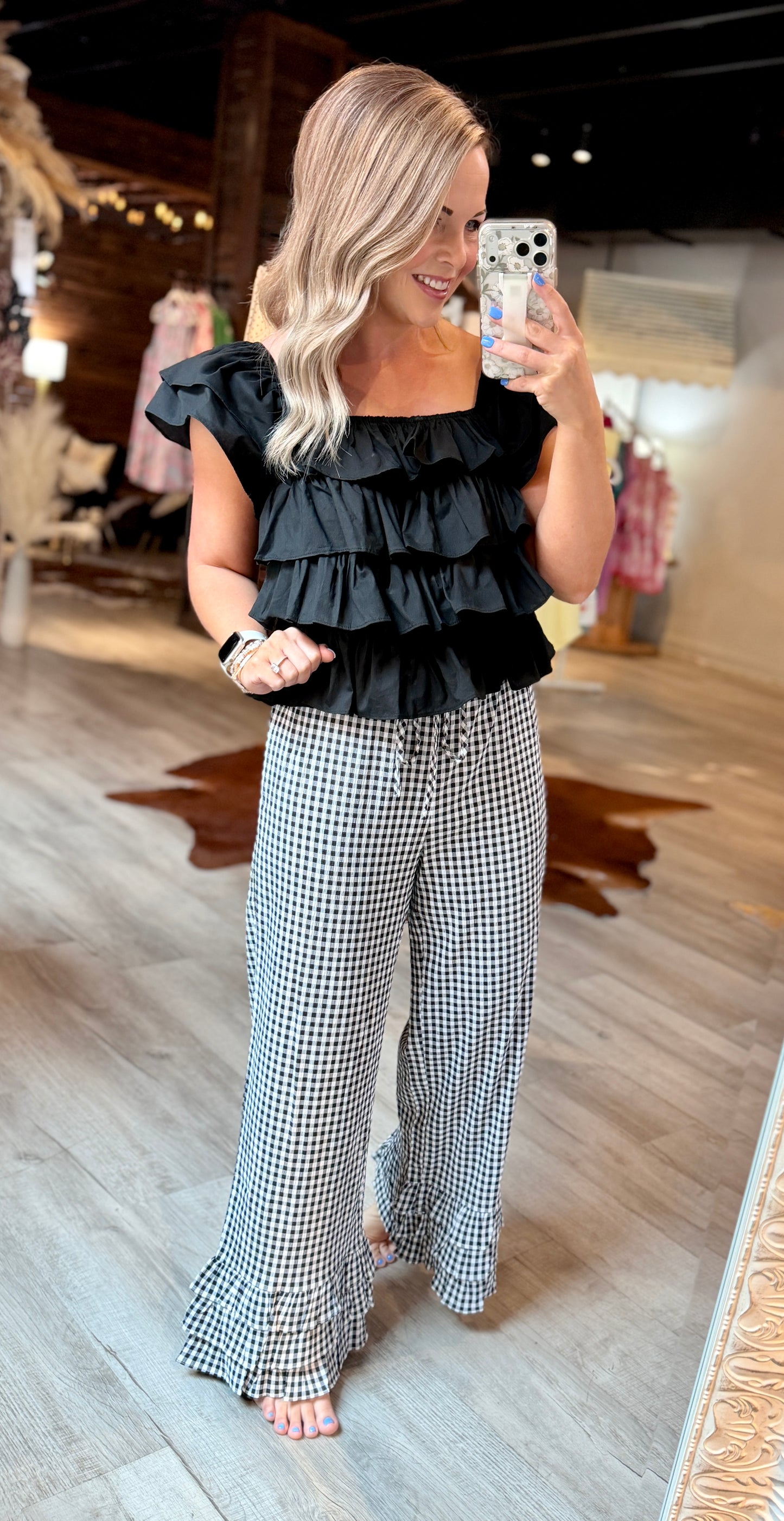 Black Ruffle Square Neck Top