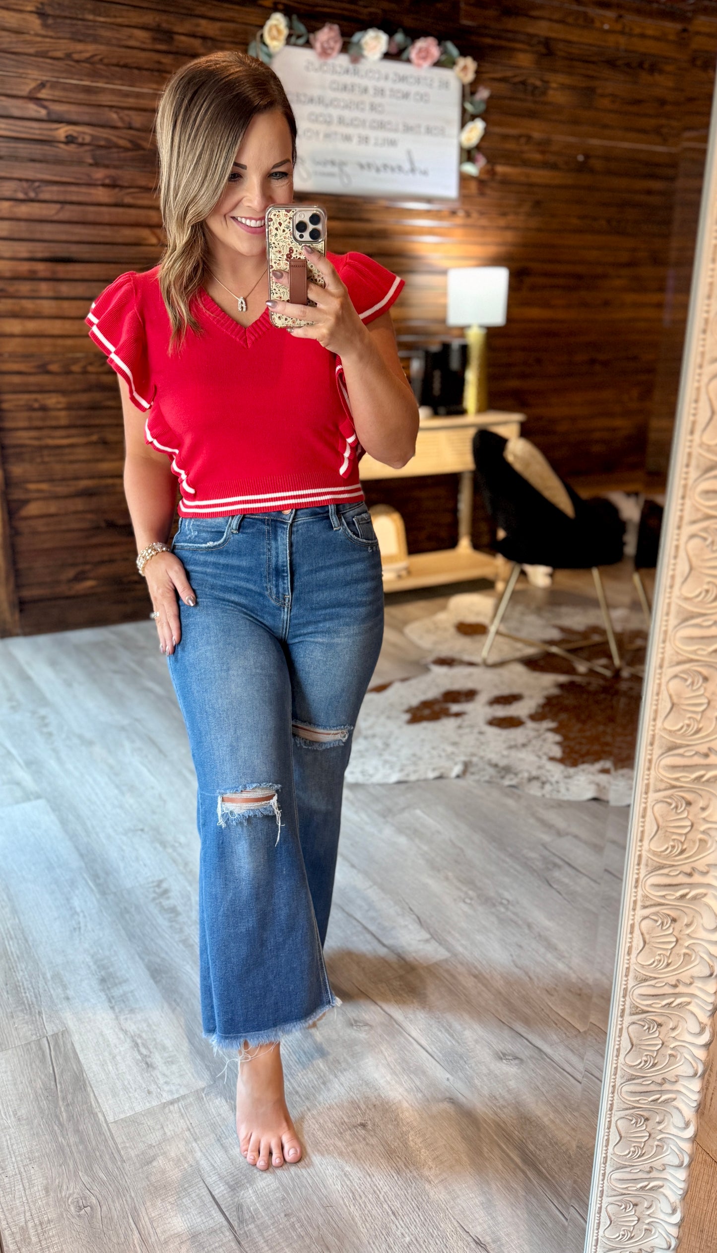 Red/White Ruffle Knit Top