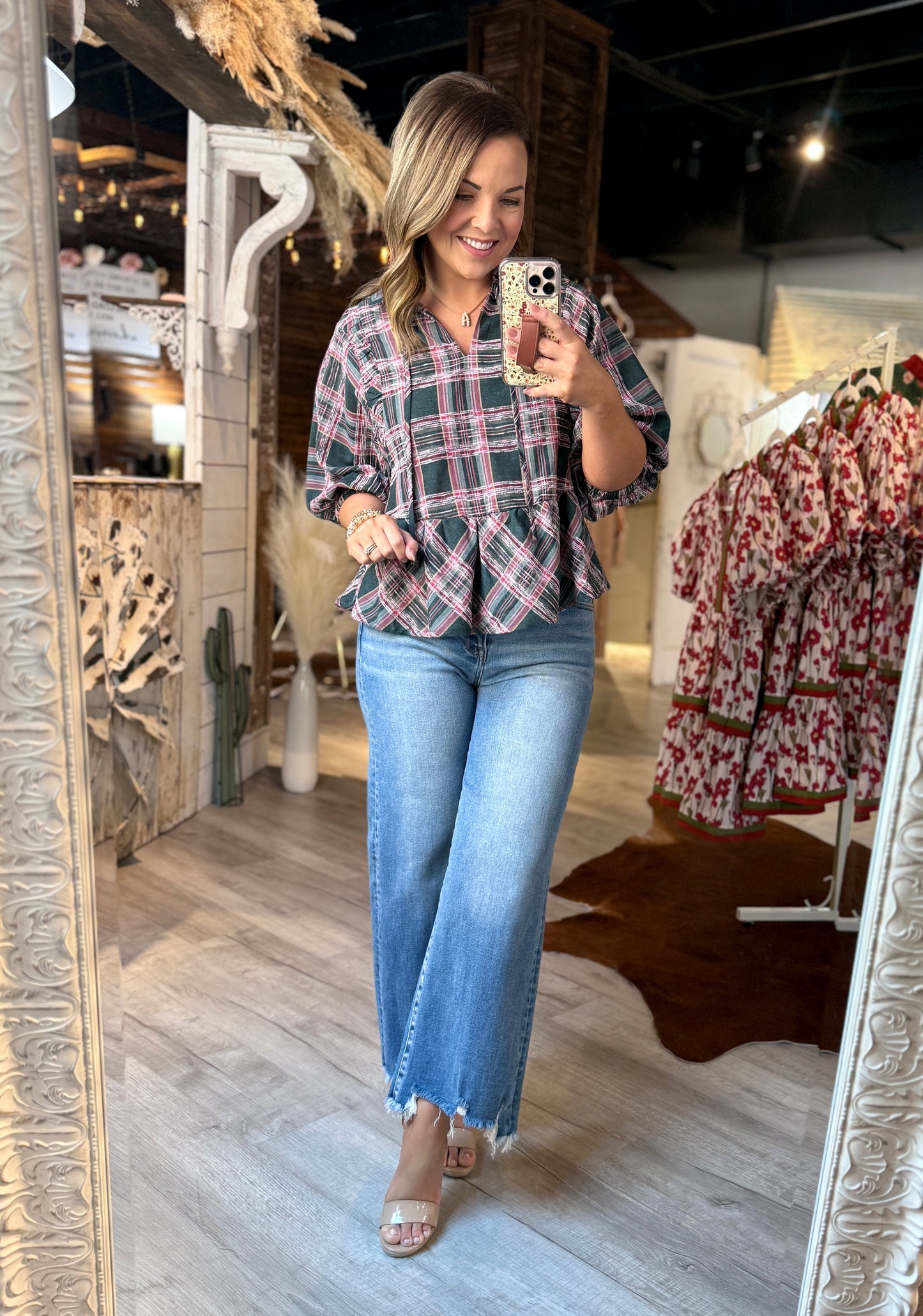 Teal Green/Pink Plaid Top