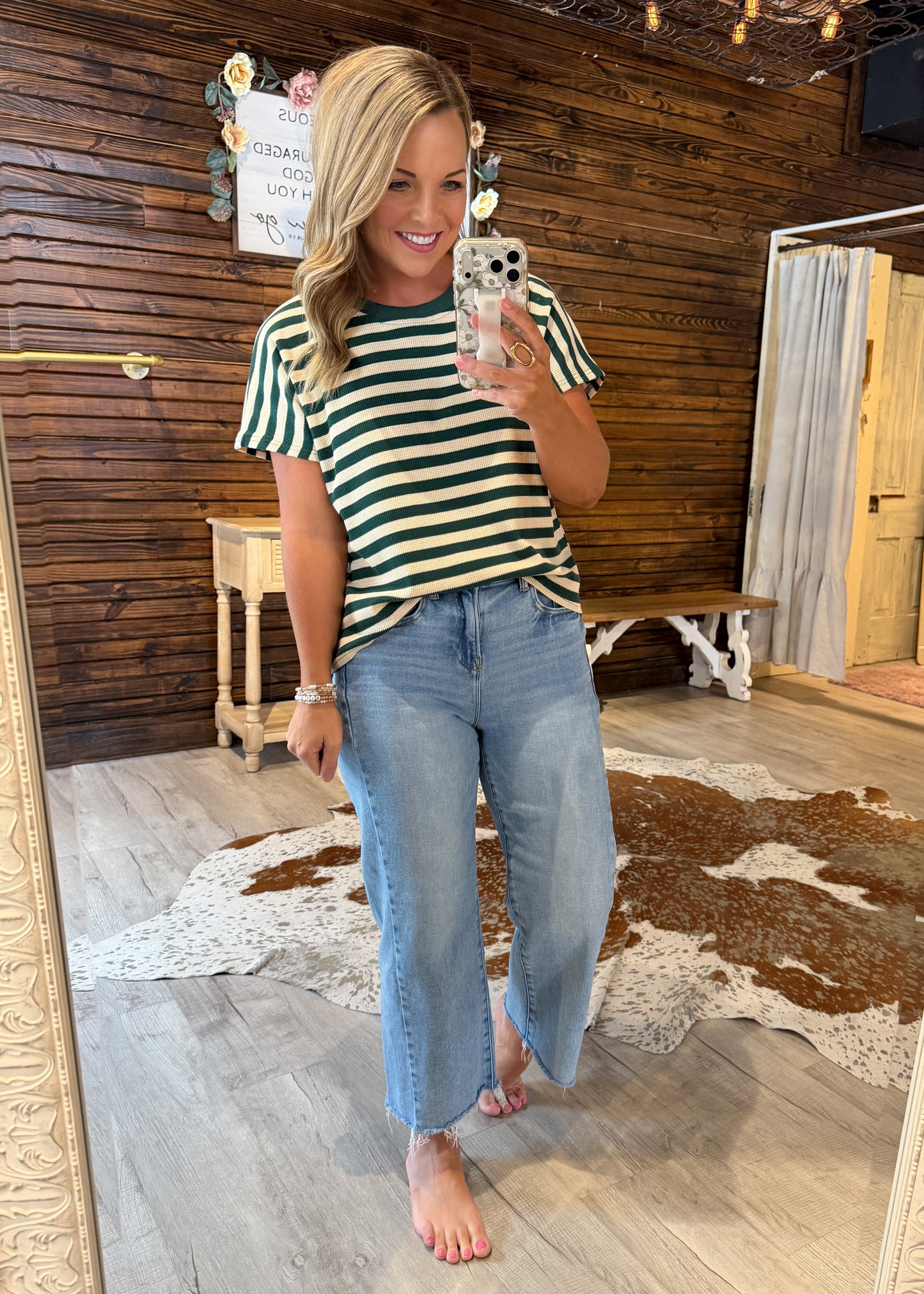 Green/Cream Drop Sleeve Knit Top
