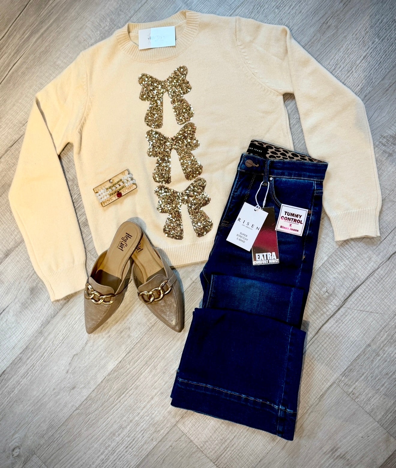 Cream/Gold Sequin Bows Sweater