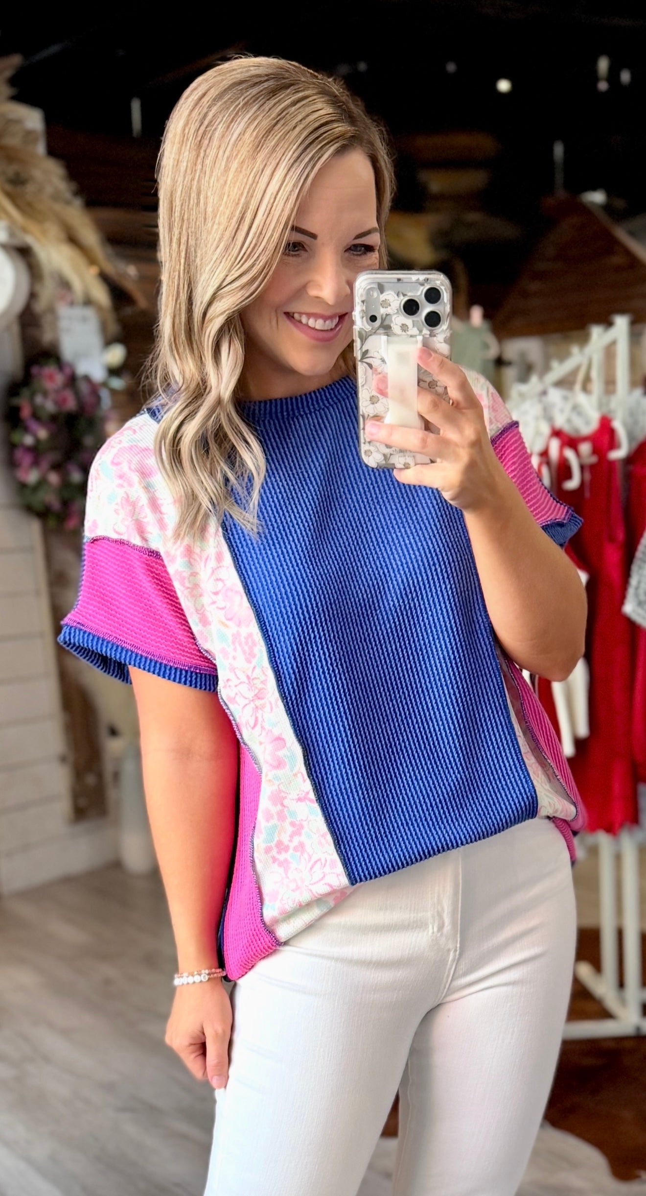 Royal Blue/Pink Floral Ribbed Top