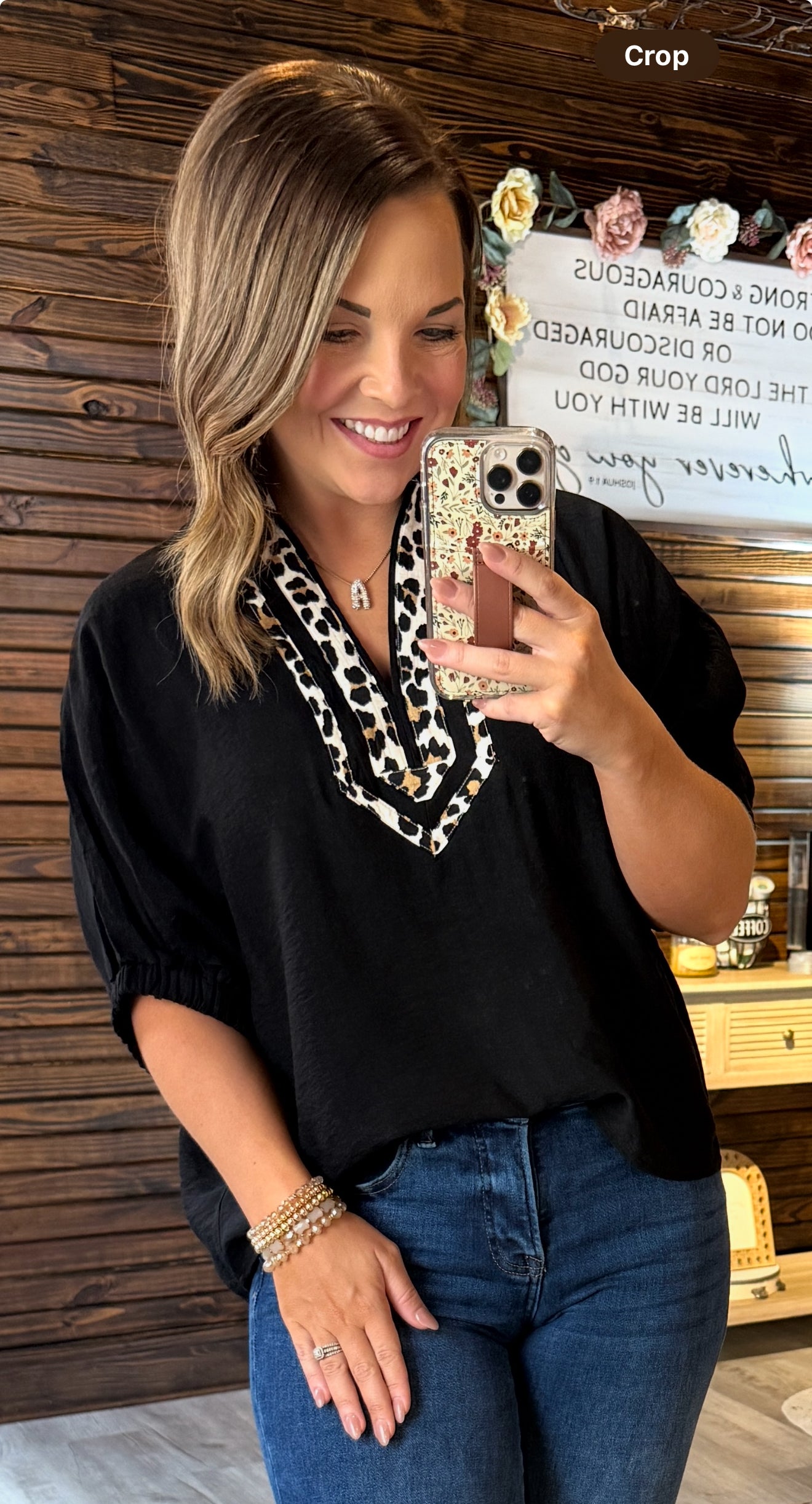 Black/Leopard Detail Top