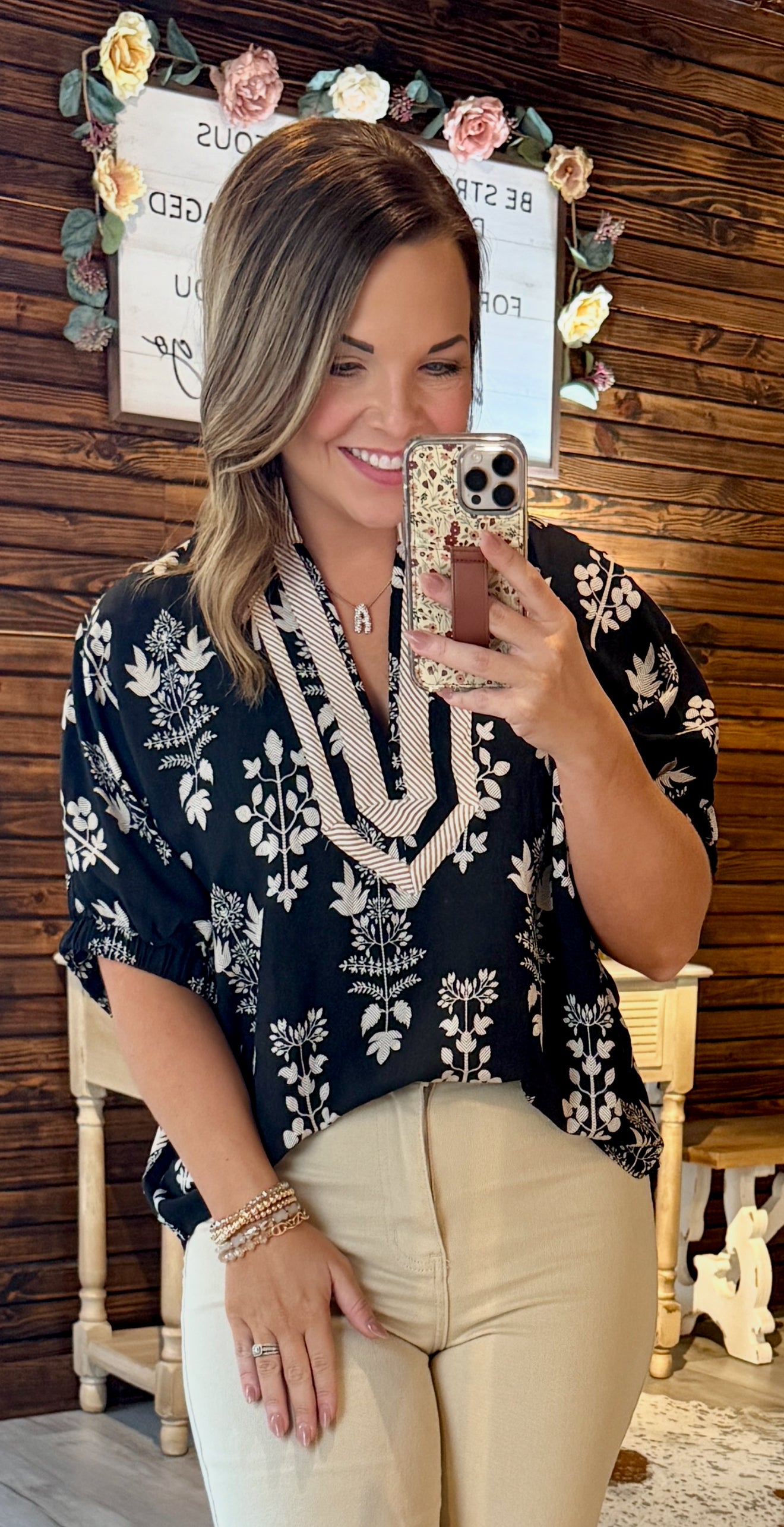 Taupe/Black Floral Top