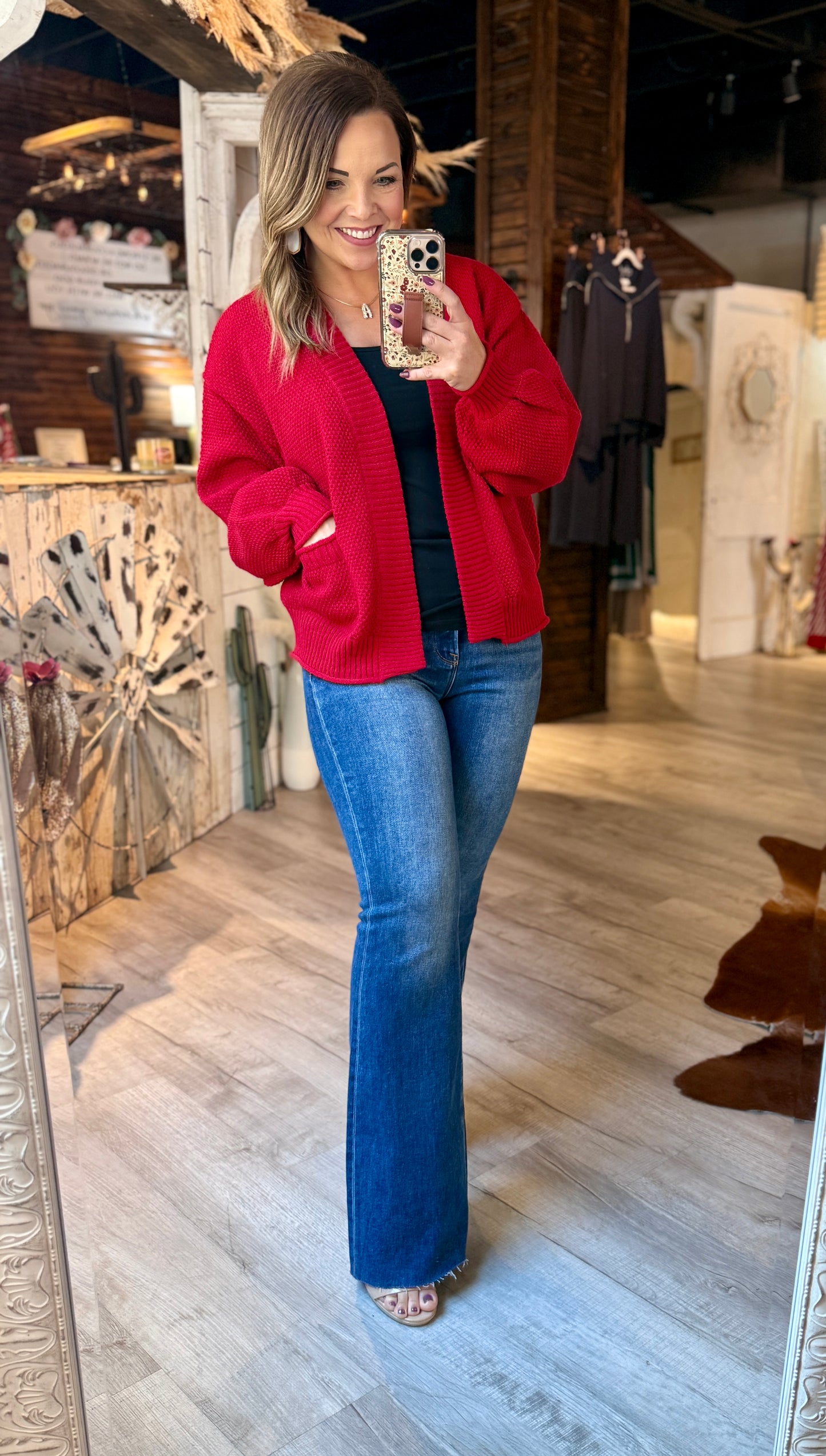 Red Open Front Cardigan