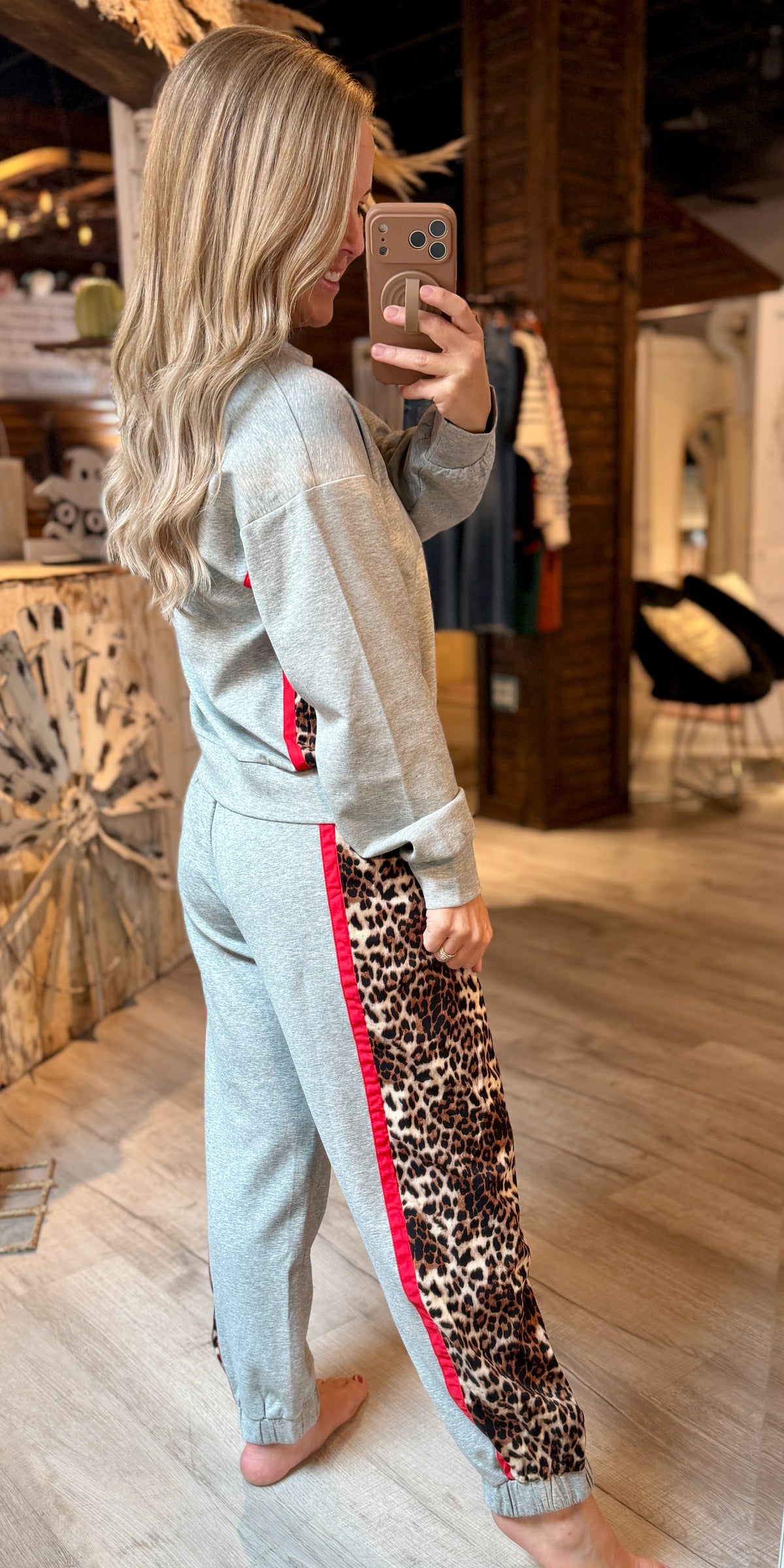 Leopard Trim Grey Jogger Set