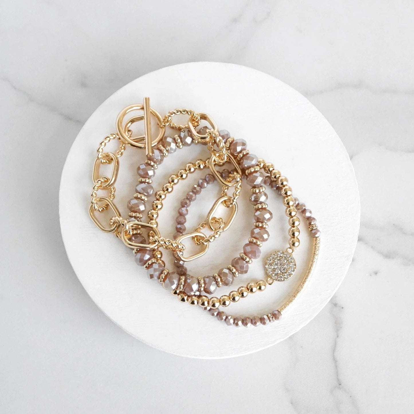 Beaded Bracelets set of 4 Blush Pink Glass Beads with Gold crystal paved sparkly bracelet Metal bead Toggle