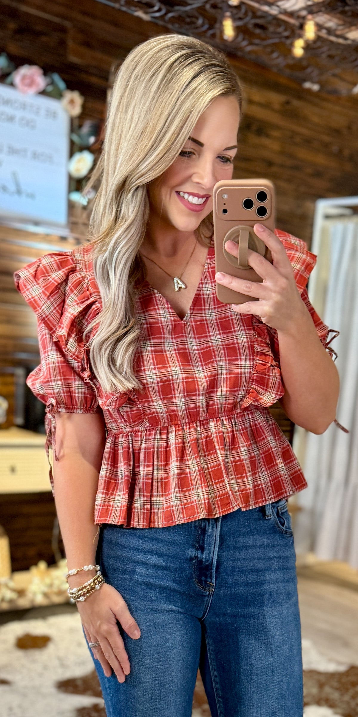 Terracotta Plaid Ruffe Top