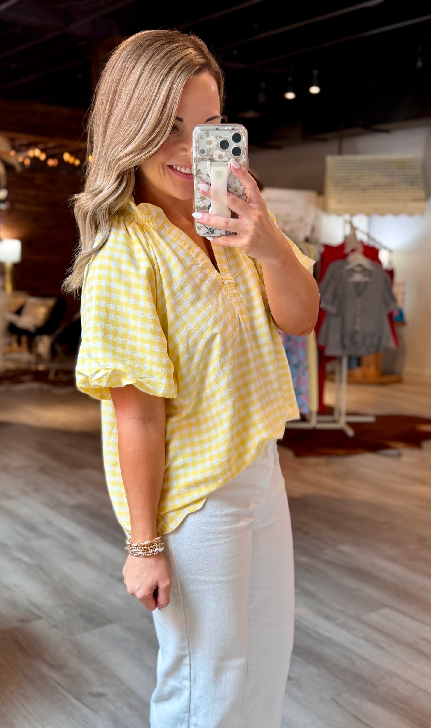 Lemon Gingham Scalloped Dressy Top