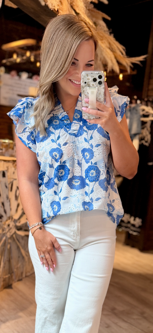 White/Blue Floral Dressy Top