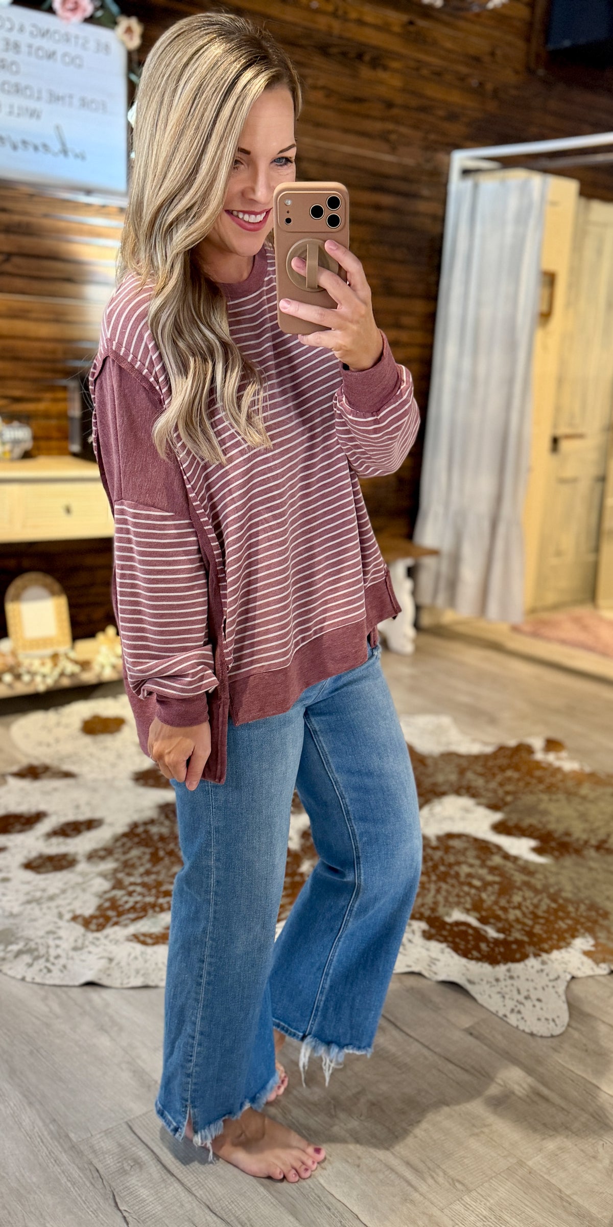 Burgundy Striped Slouchy Top