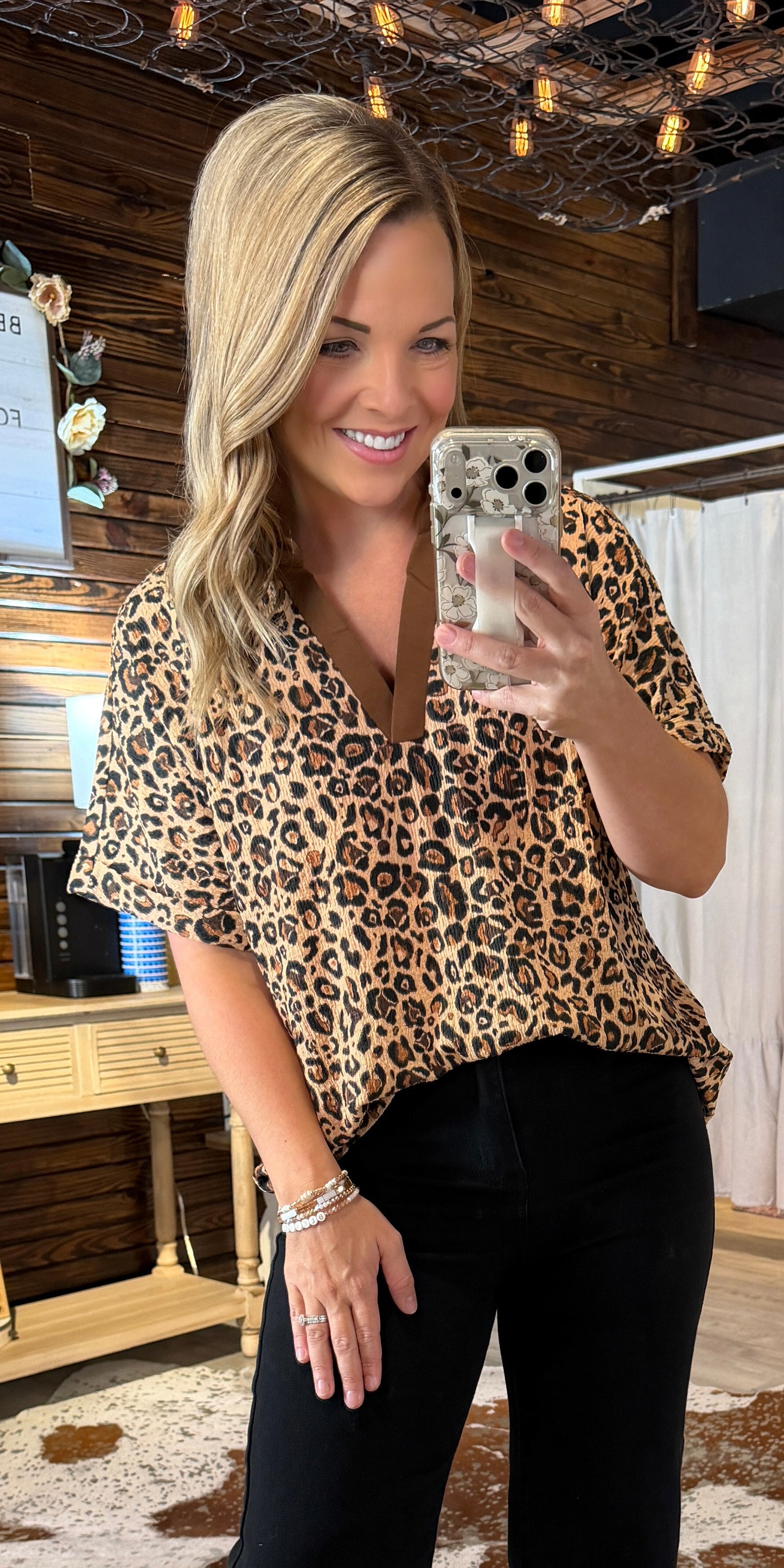 Brown Leopard Collared Top