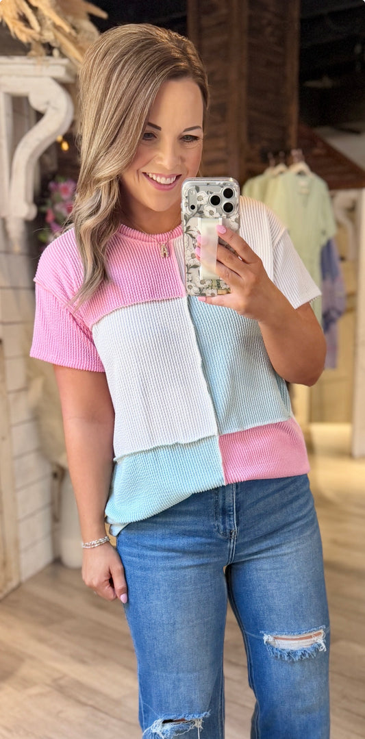 Pink/Blue/Ivory Color Block Top