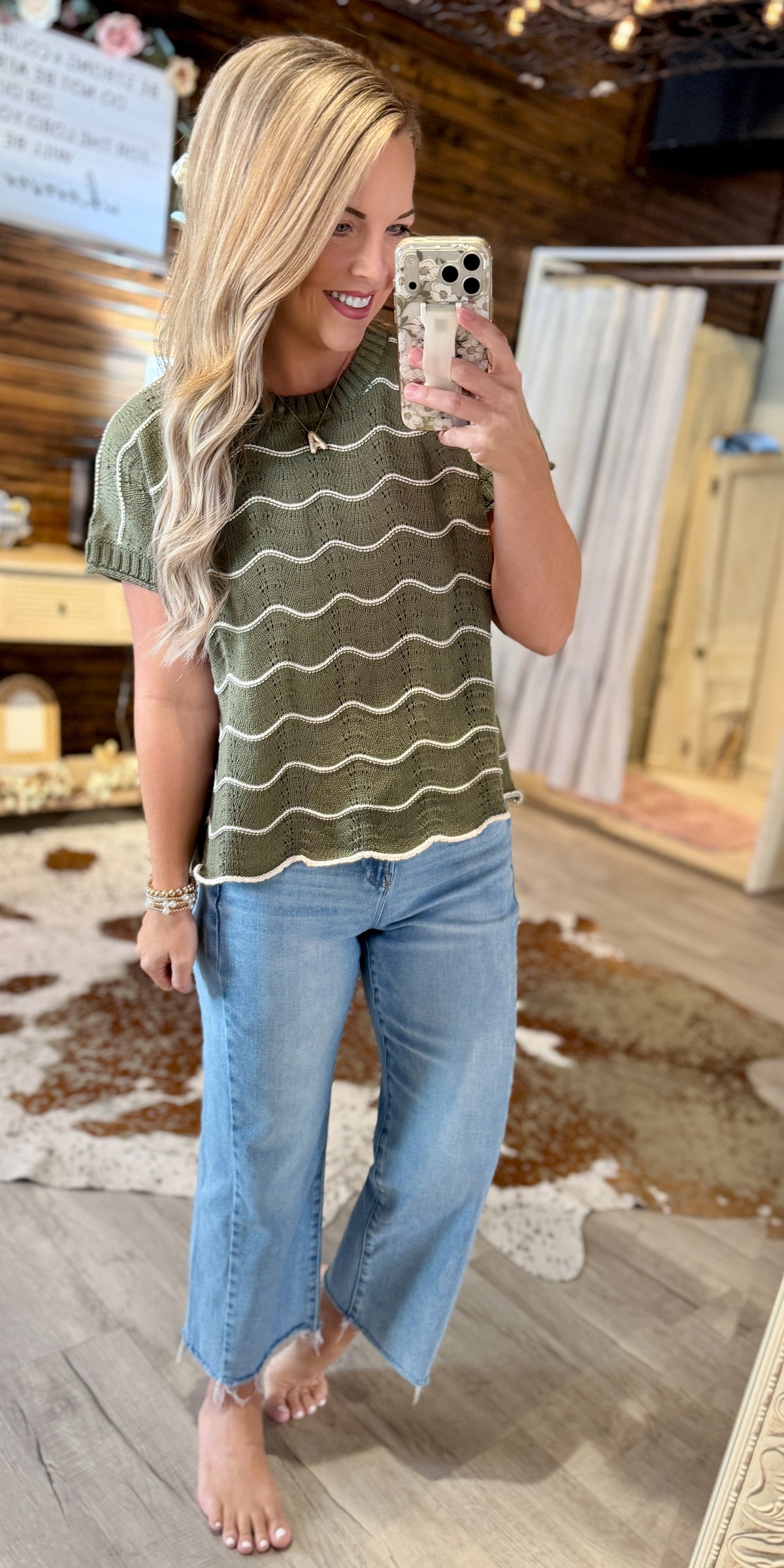 Olive Scallop Stripe Knit Top