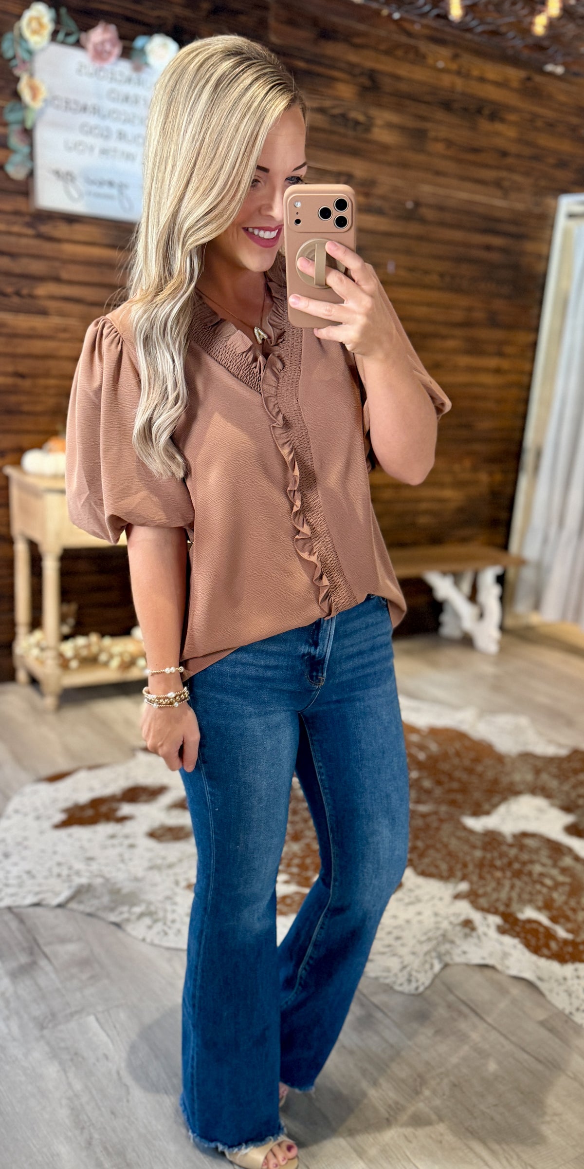 Mocha Smocked Neck Top