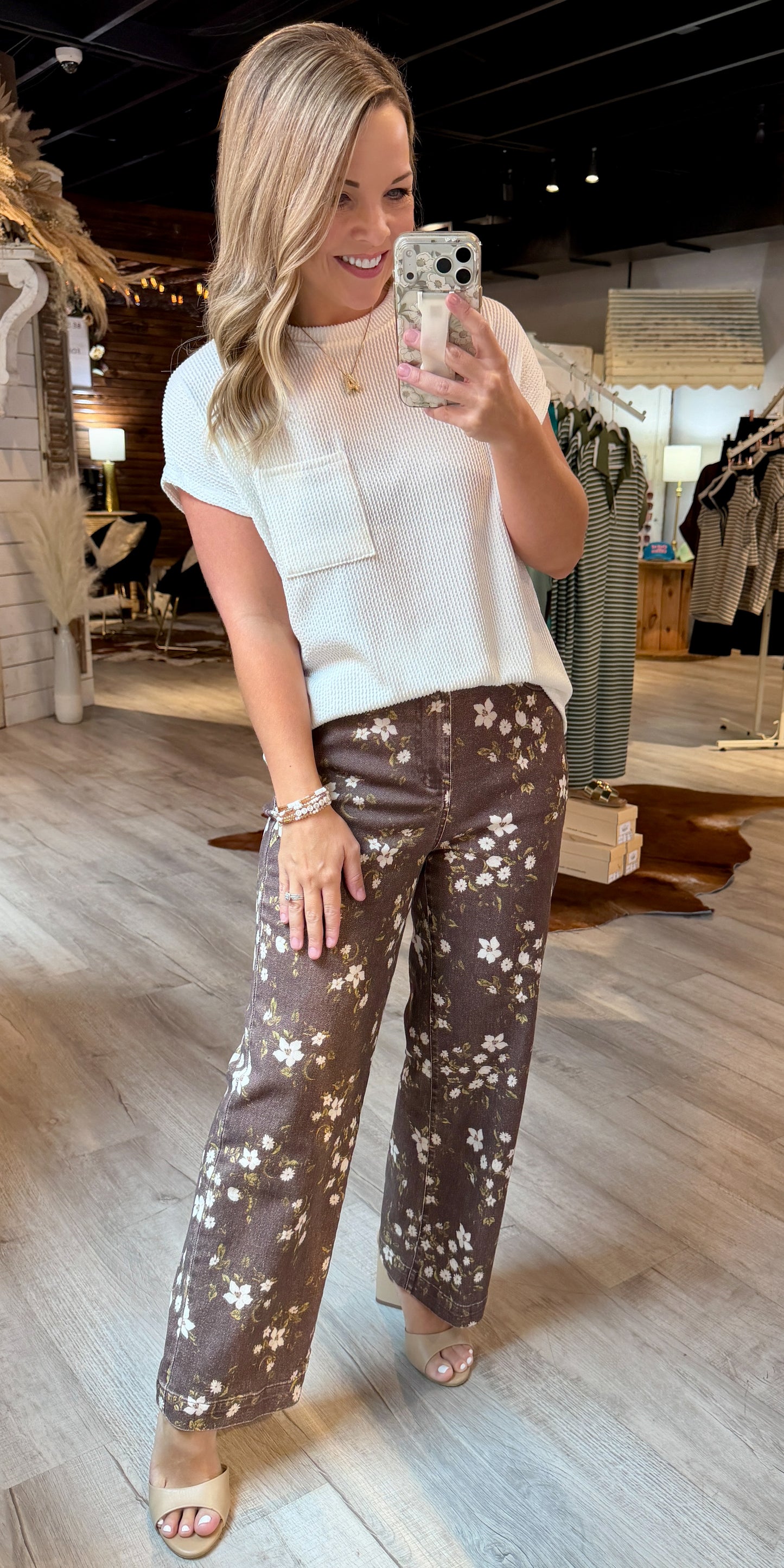 Brown Floral Print Denim