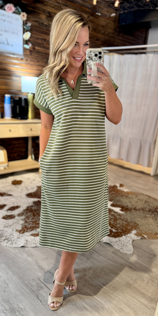 Olive Striped Midi Dress