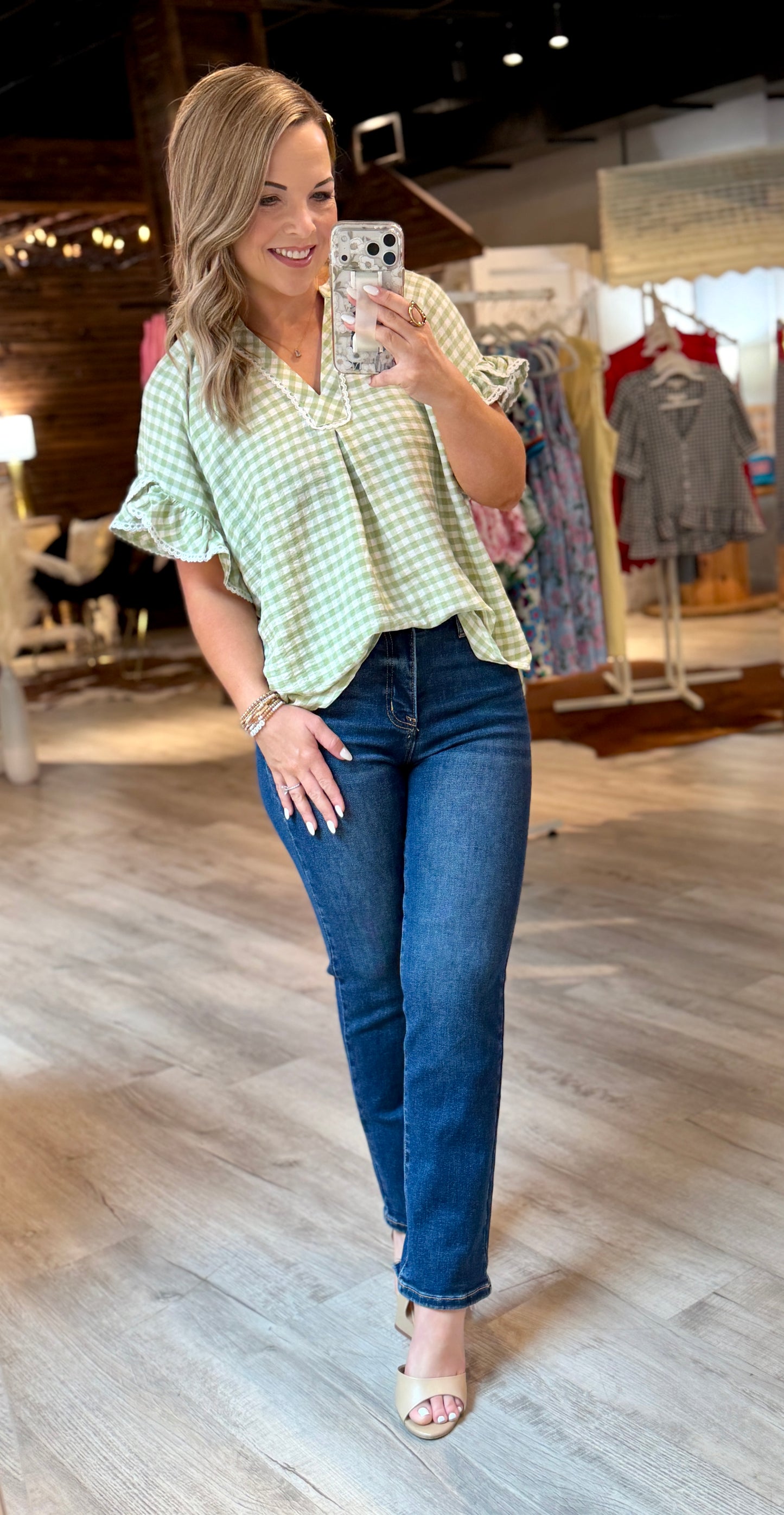 Sage/White Lace Detail Dressy Top