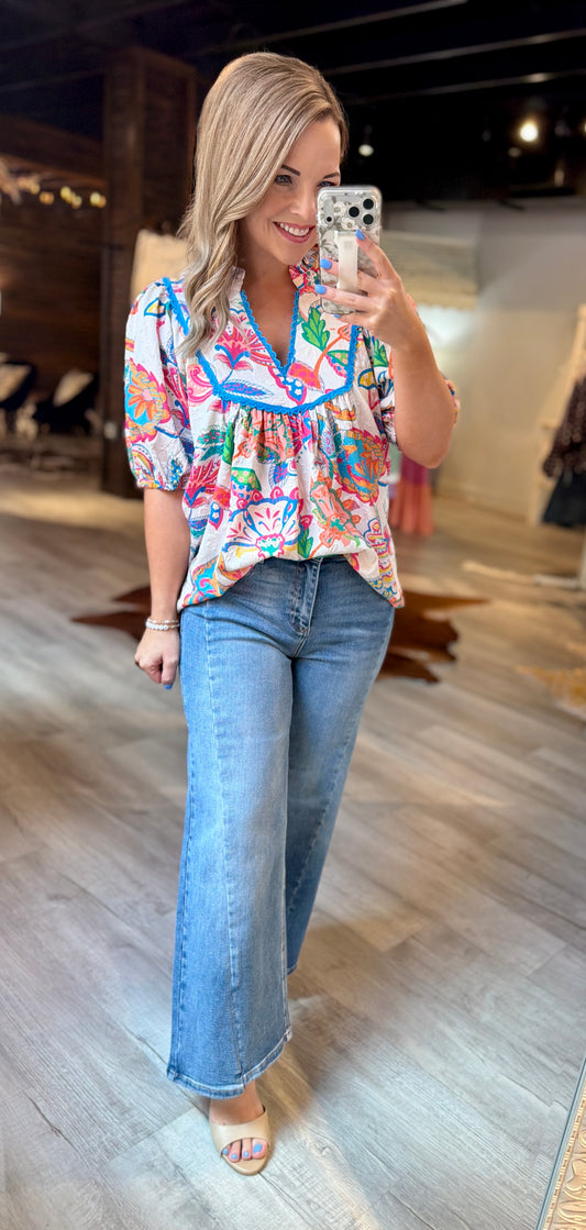 Cream/Blue Floral Mix Top