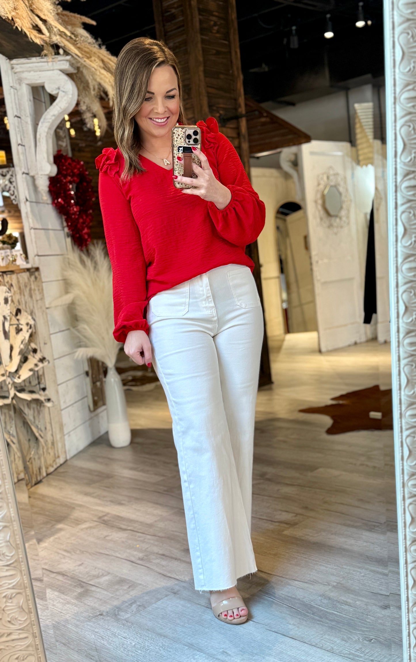 Red Ruffled V Neck Top