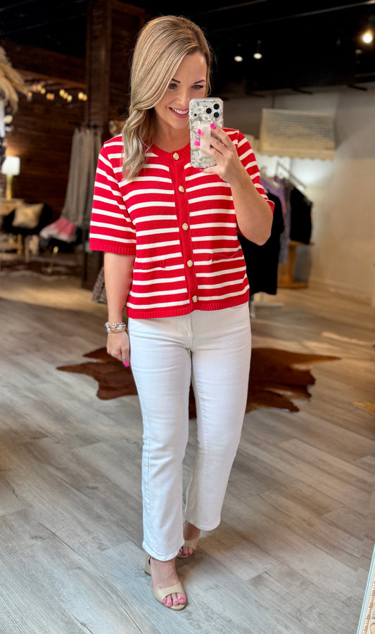 Red Striped Button Dressy Top