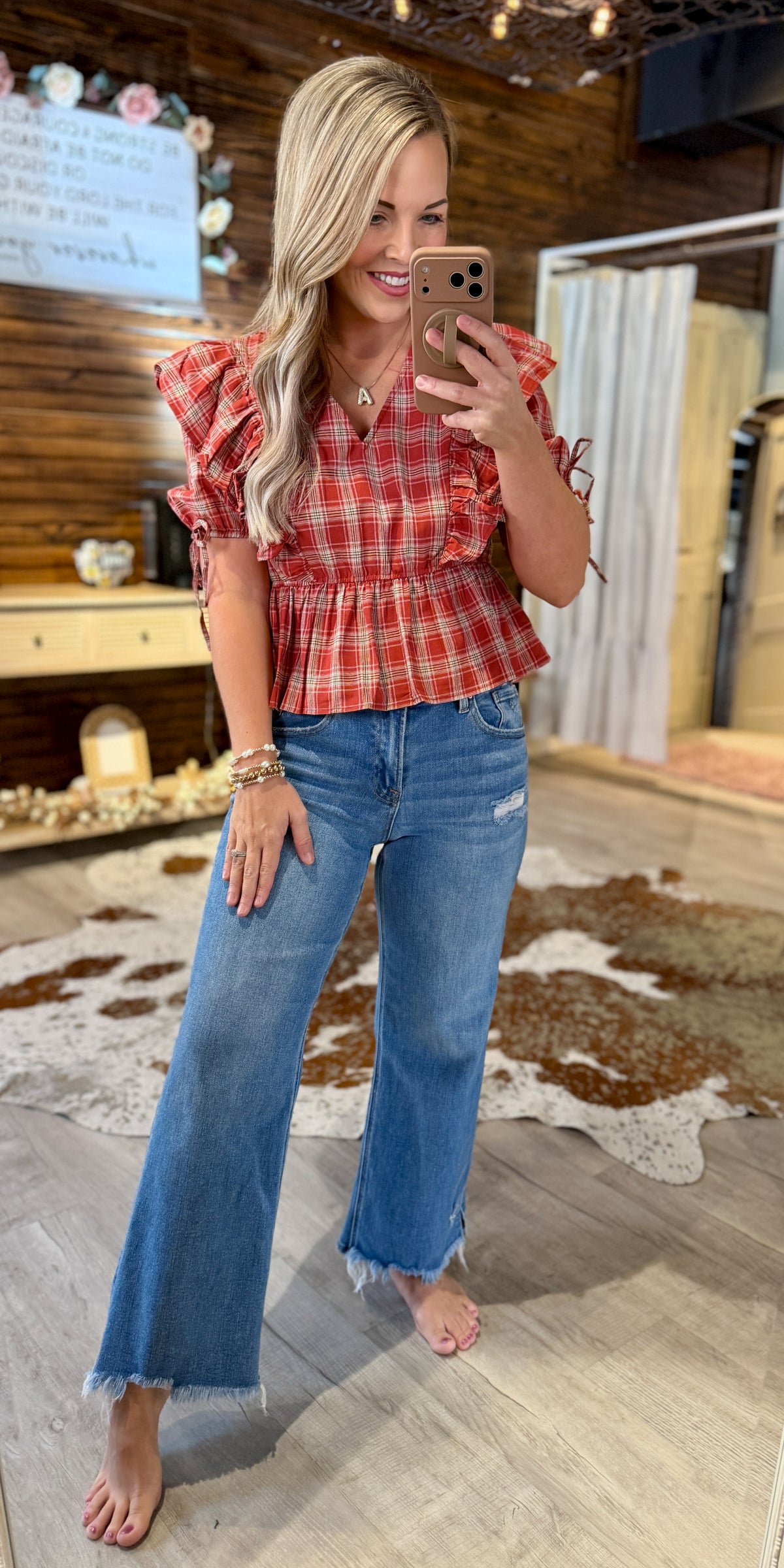 Terracotta Plaid Ruffe Top