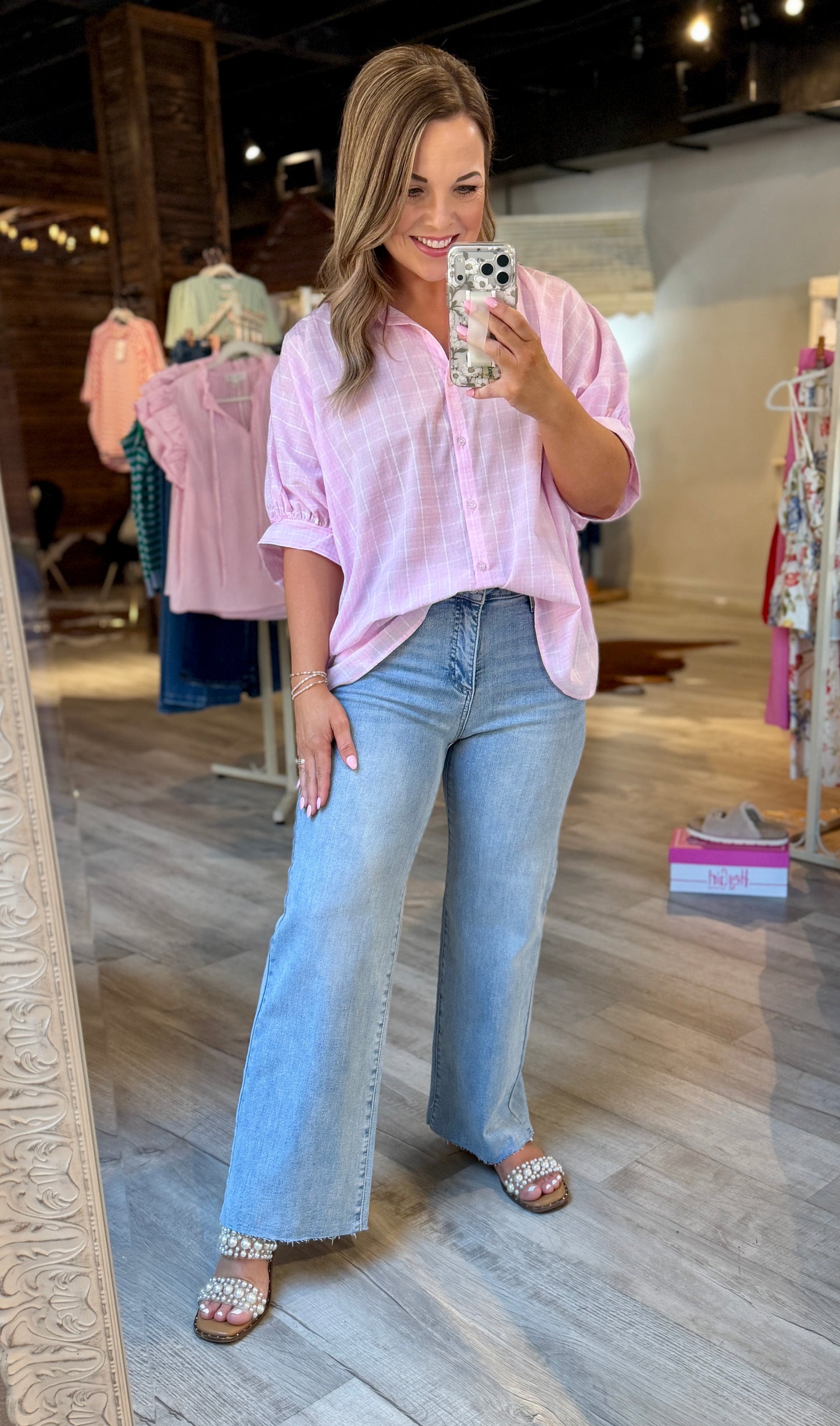 Pink Button Down Checkered Top